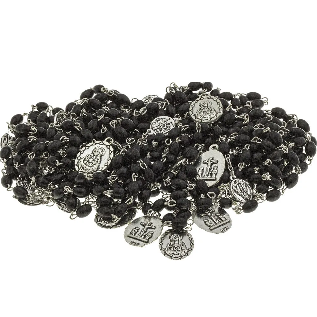 10 Black Wood Beads, Chrome Medals, 7 Sorrows Rosary with 10 Prayer Booklets