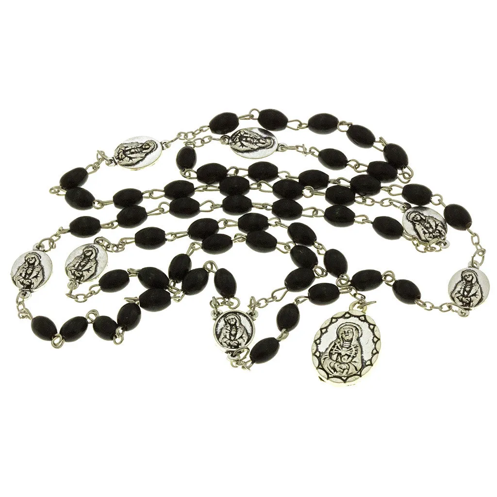 10 Black Wood Beads, Chrome Medals, 7 Sorrows Rosary with 10 Prayer Booklets