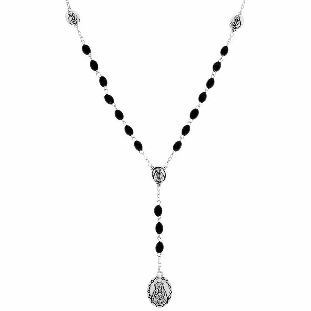 10 Black Wood Beads, Chrome Medals, 7 Sorrows Rosary with 10 Prayer Booklets