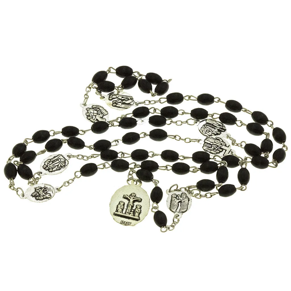 10 Black Wood Beads, Chrome Medals, 7 Sorrows Rosary with 10 Prayer Booklets