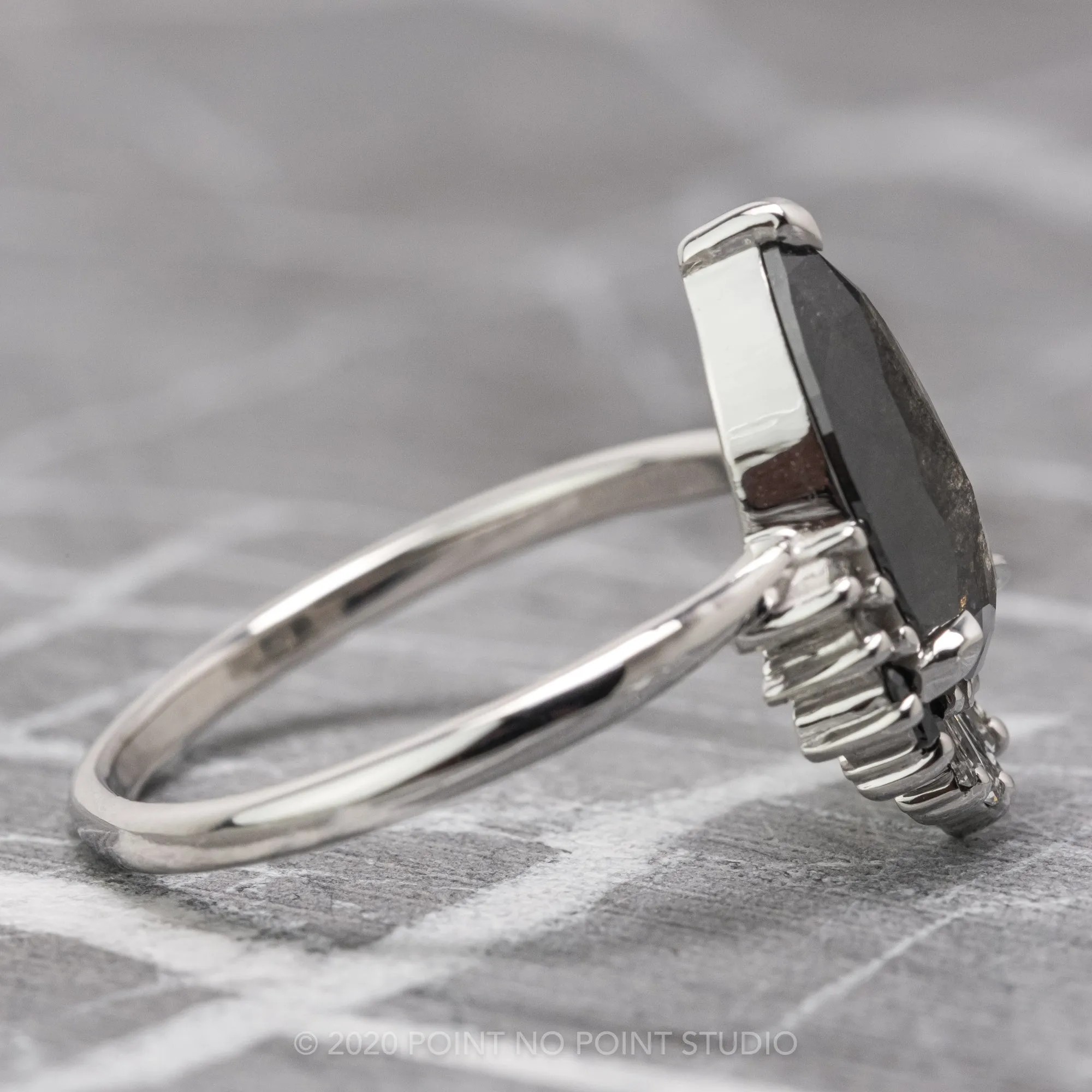 1.29 Carat Black Speckled Pear Diamond Engagement Ring, Ombre Wren Setting, Platinum