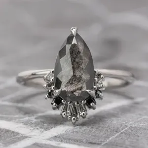 1.29 Carat Black Speckled Pear Diamond Engagement Ring, Ombre Wren Setting, Platinum