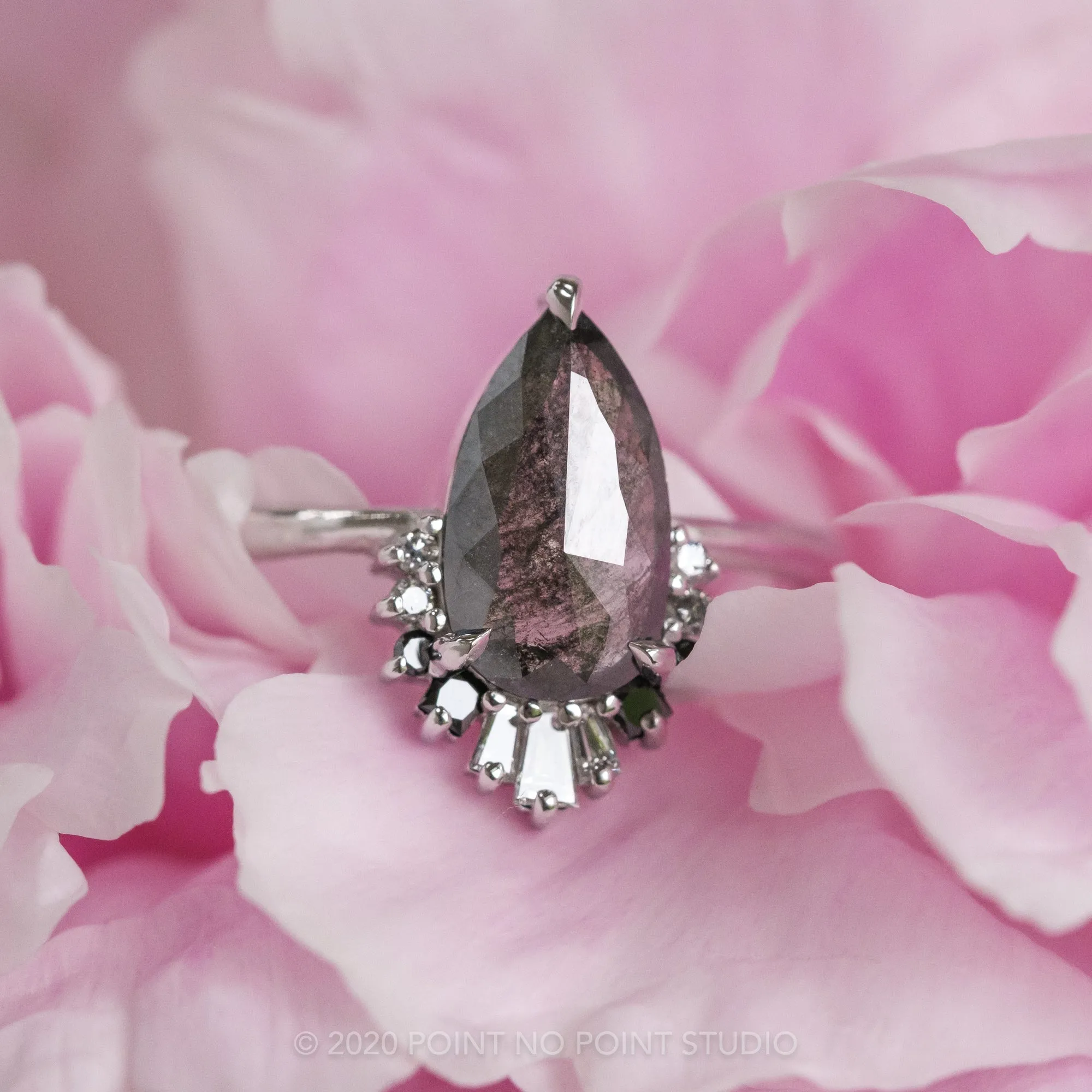 1.29 Carat Black Speckled Pear Diamond Engagement Ring, Ombre Wren Setting, Platinum