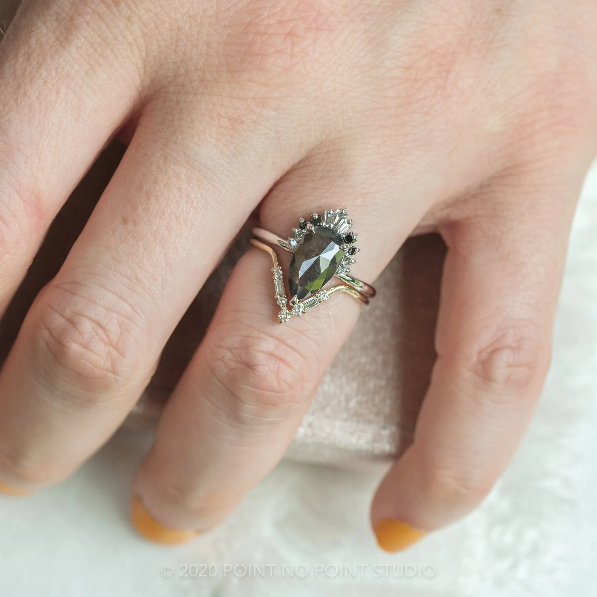 1.29 Carat Black Speckled Pear Diamond Engagement Ring, Ombre Wren Setting, Platinum