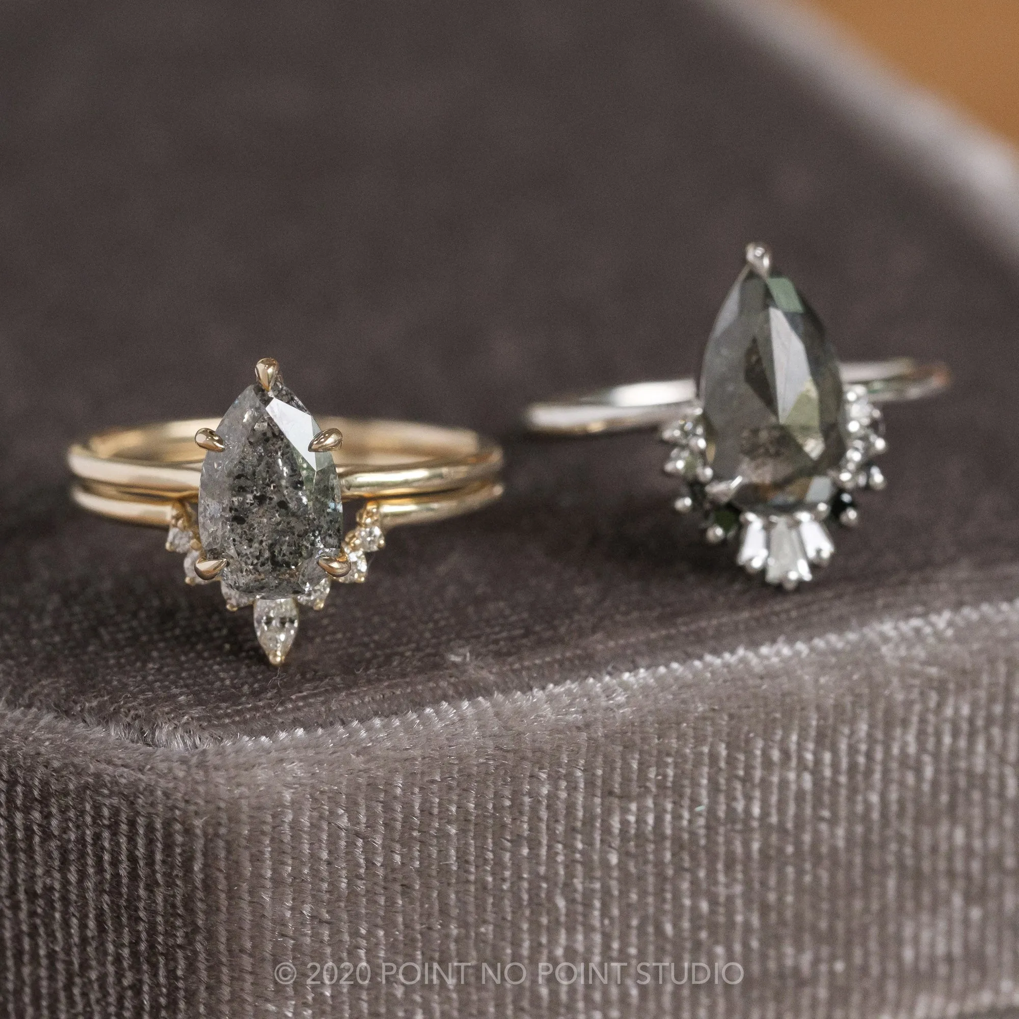 1.29 Carat Black Speckled Pear Diamond Engagement Ring, Ombre Wren Setting, Platinum