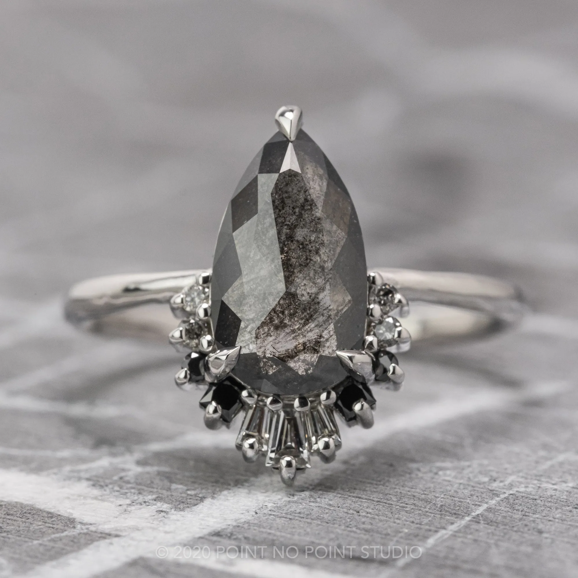 1.29 Carat Black Speckled Pear Diamond Engagement Ring, Ombre Wren Setting, Platinum