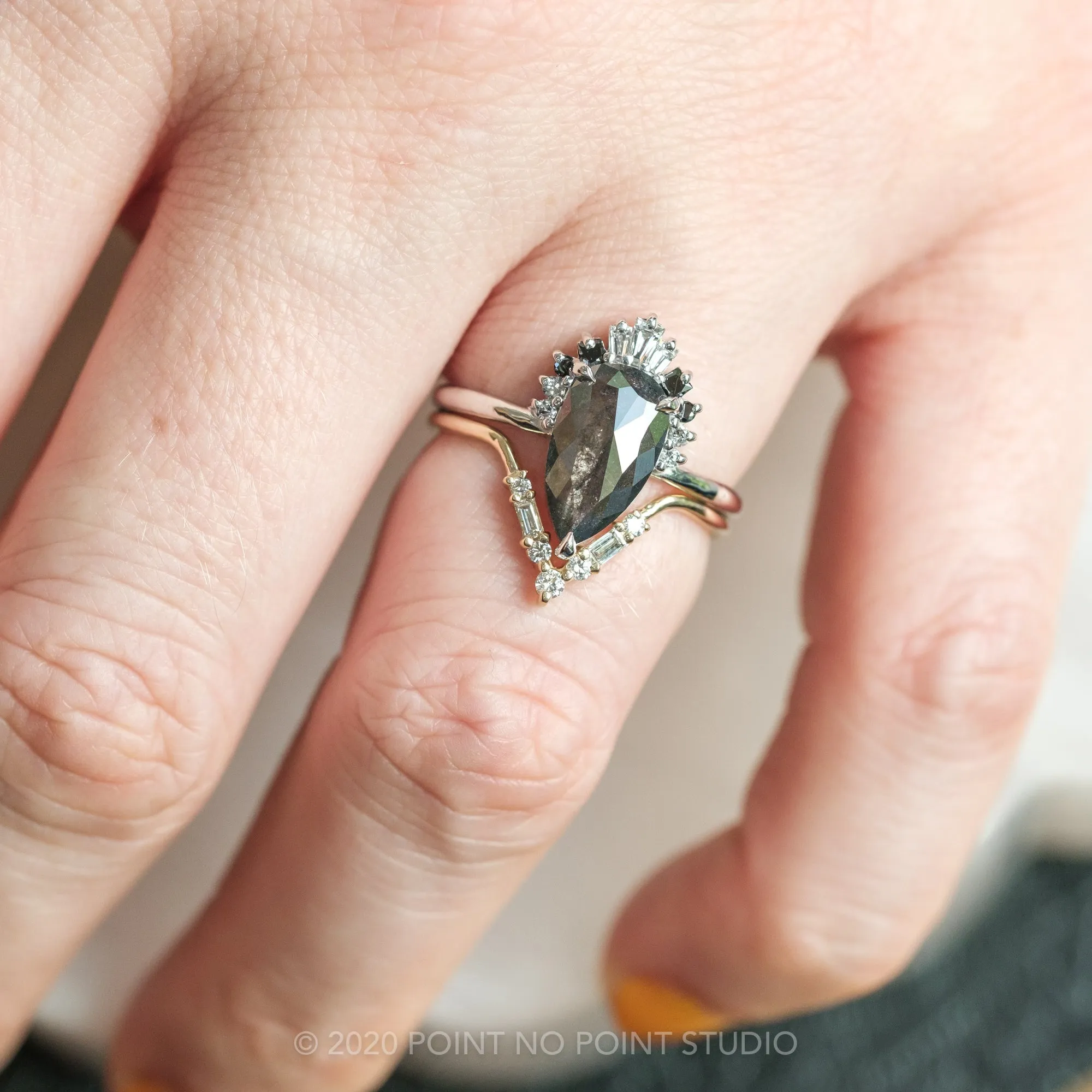 1.29 Carat Black Speckled Pear Diamond Engagement Ring, Ombre Wren Setting, Platinum