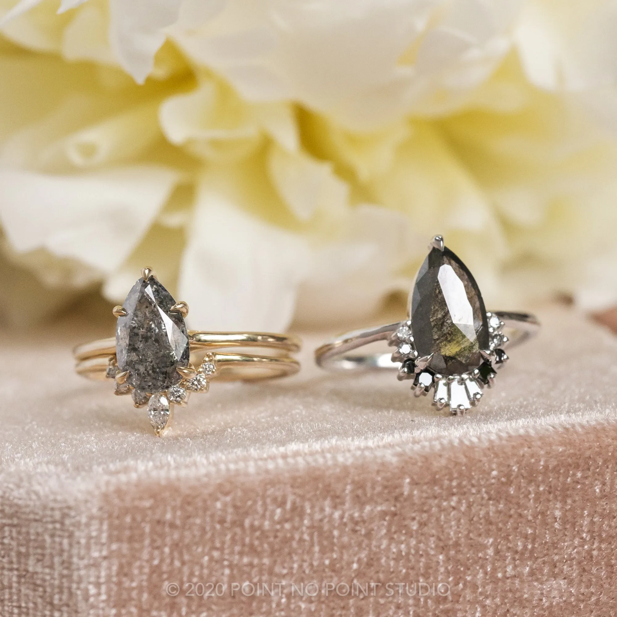 1.29 Carat Black Speckled Pear Diamond Engagement Ring, Ombre Wren Setting, Platinum