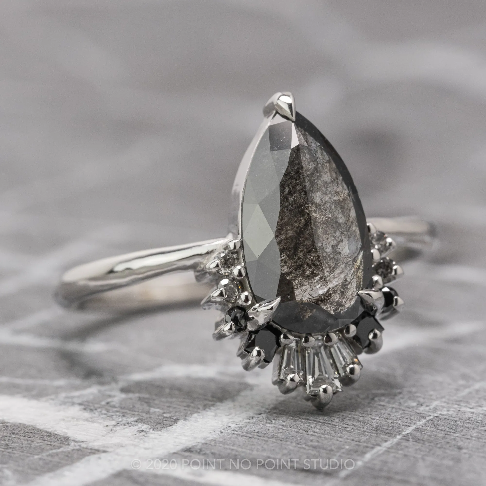 1.29 Carat Black Speckled Pear Diamond Engagement Ring, Ombre Wren Setting, Platinum