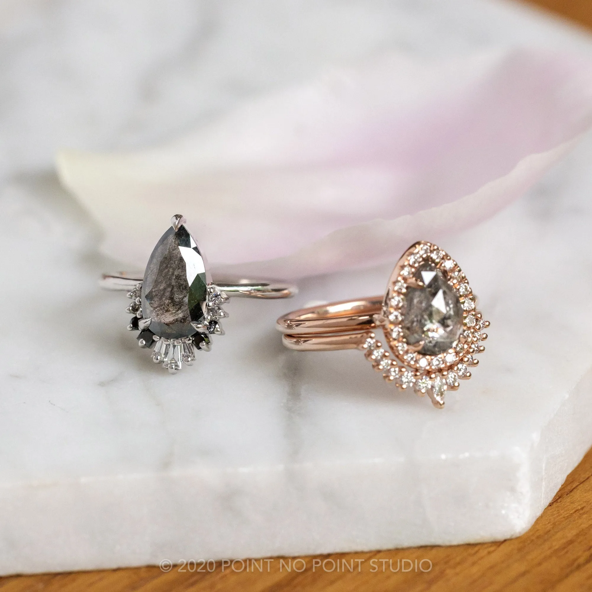 1.29 Carat Black Speckled Pear Diamond Engagement Ring, Ombre Wren Setting, Platinum