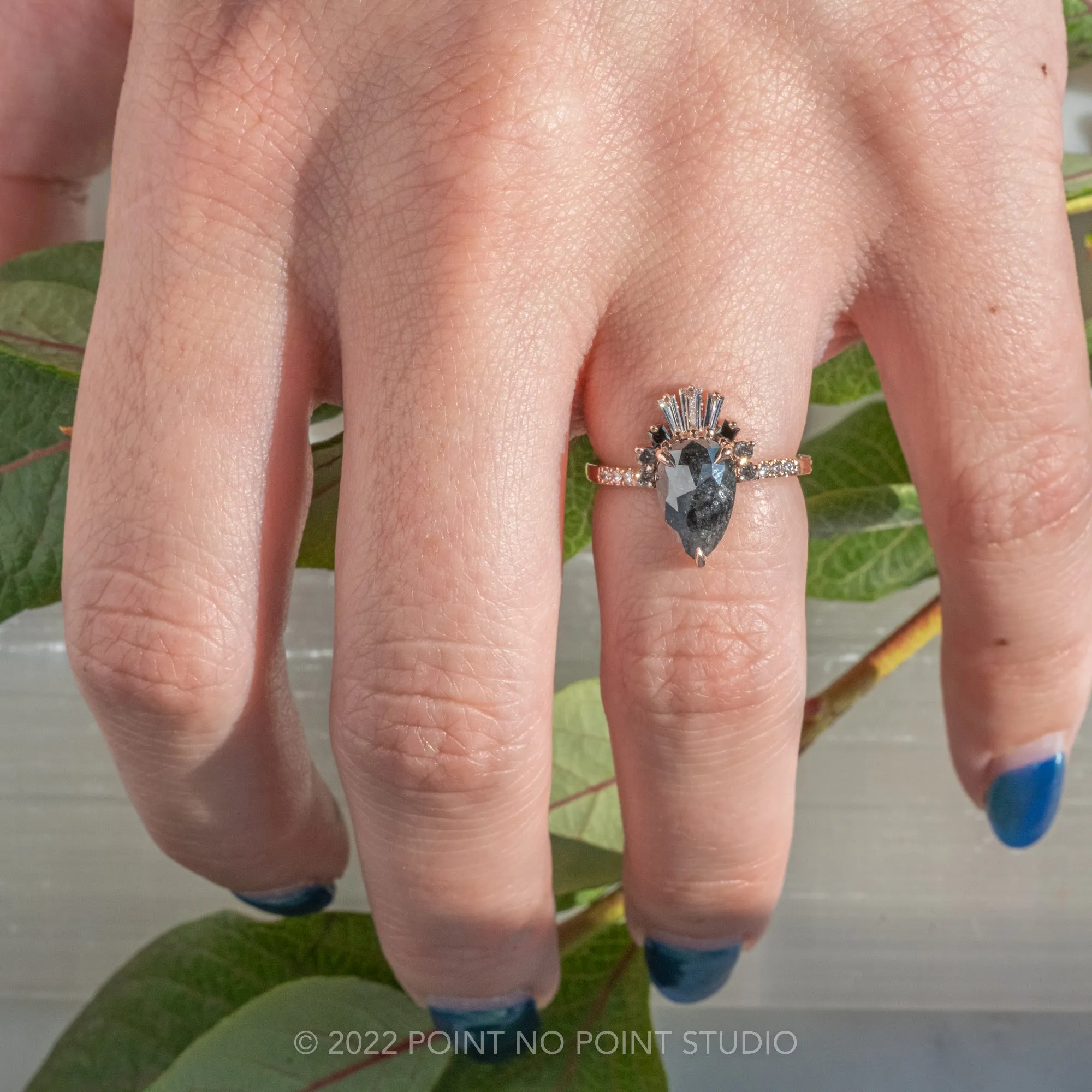 1.40 Carat Black Speckled Pear Diamond Engagement Ring, Ombre Wren Setting, 14K Rose Gold