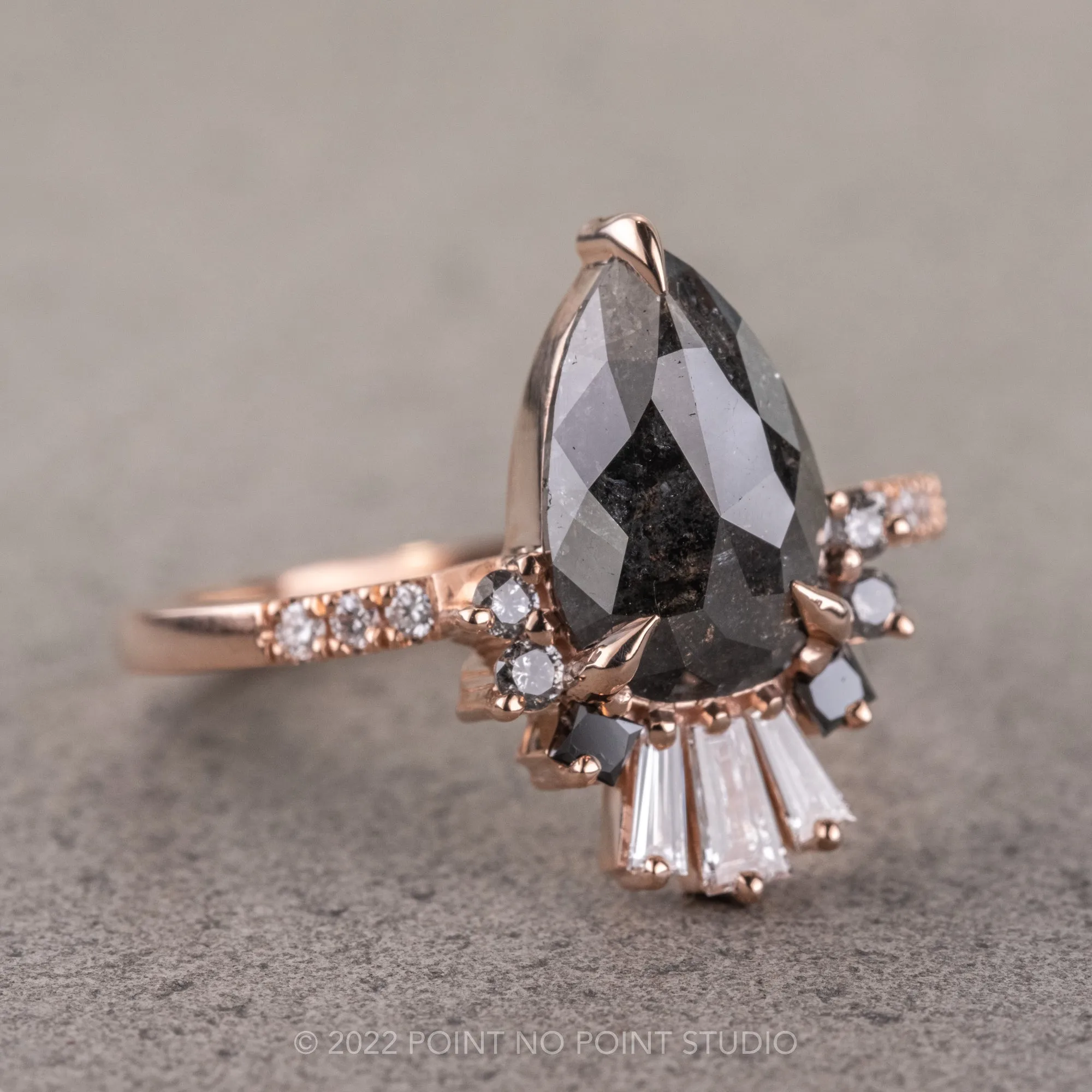 1.40 Carat Black Speckled Pear Diamond Engagement Ring, Ombre Wren Setting, 14K Rose Gold