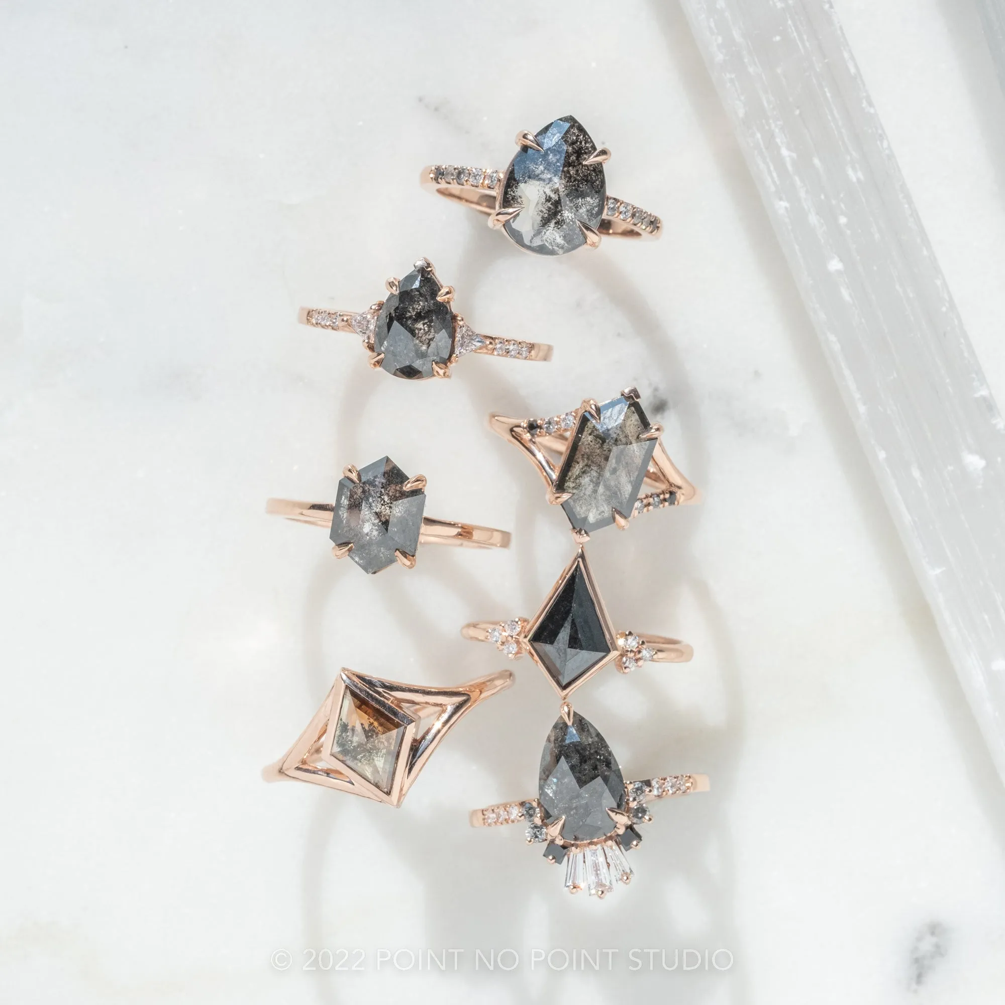 1.40 Carat Black Speckled Pear Diamond Engagement Ring, Ombre Wren Setting, 14K Rose Gold