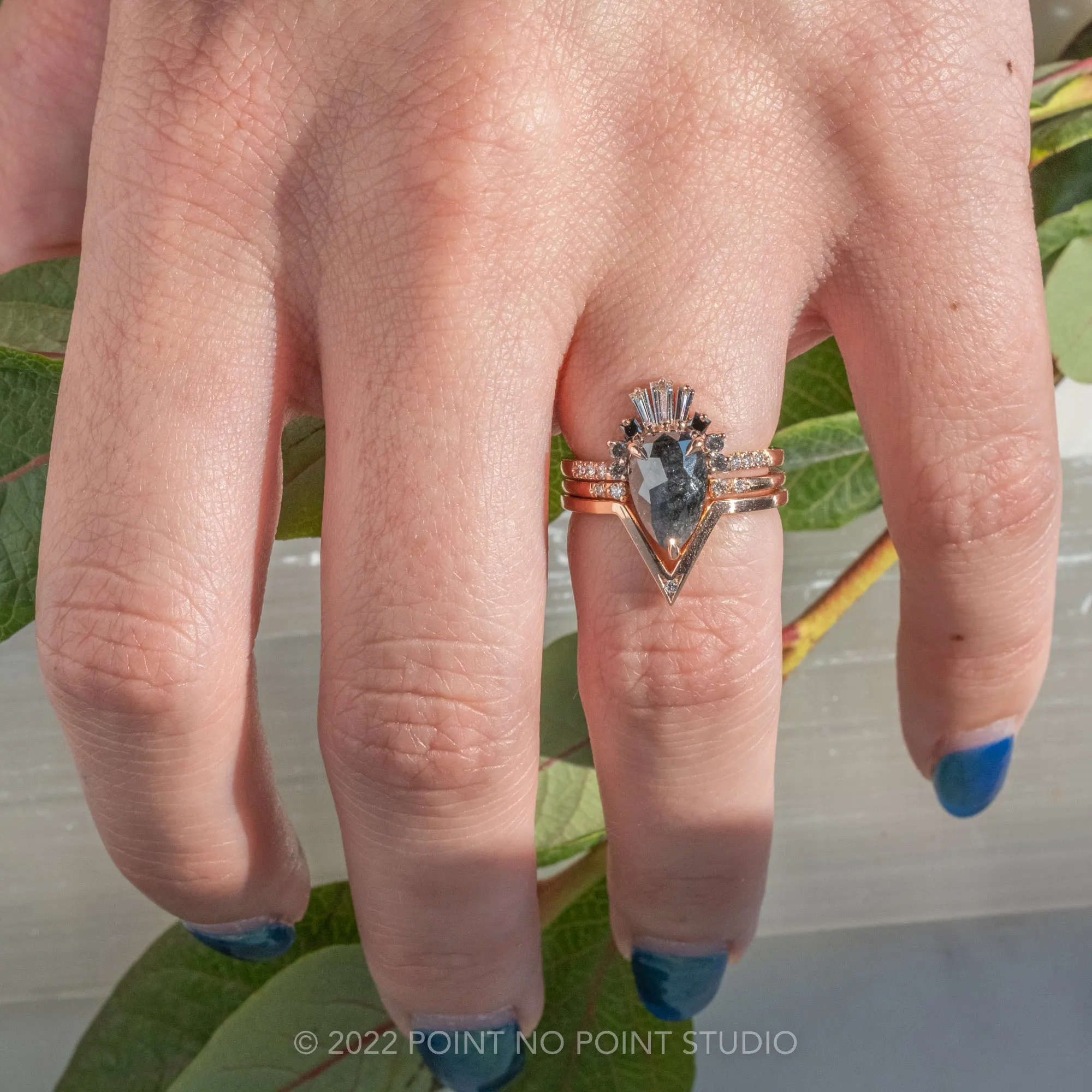 1.40 Carat Black Speckled Pear Diamond Engagement Ring, Ombre Wren Setting, 14K Rose Gold