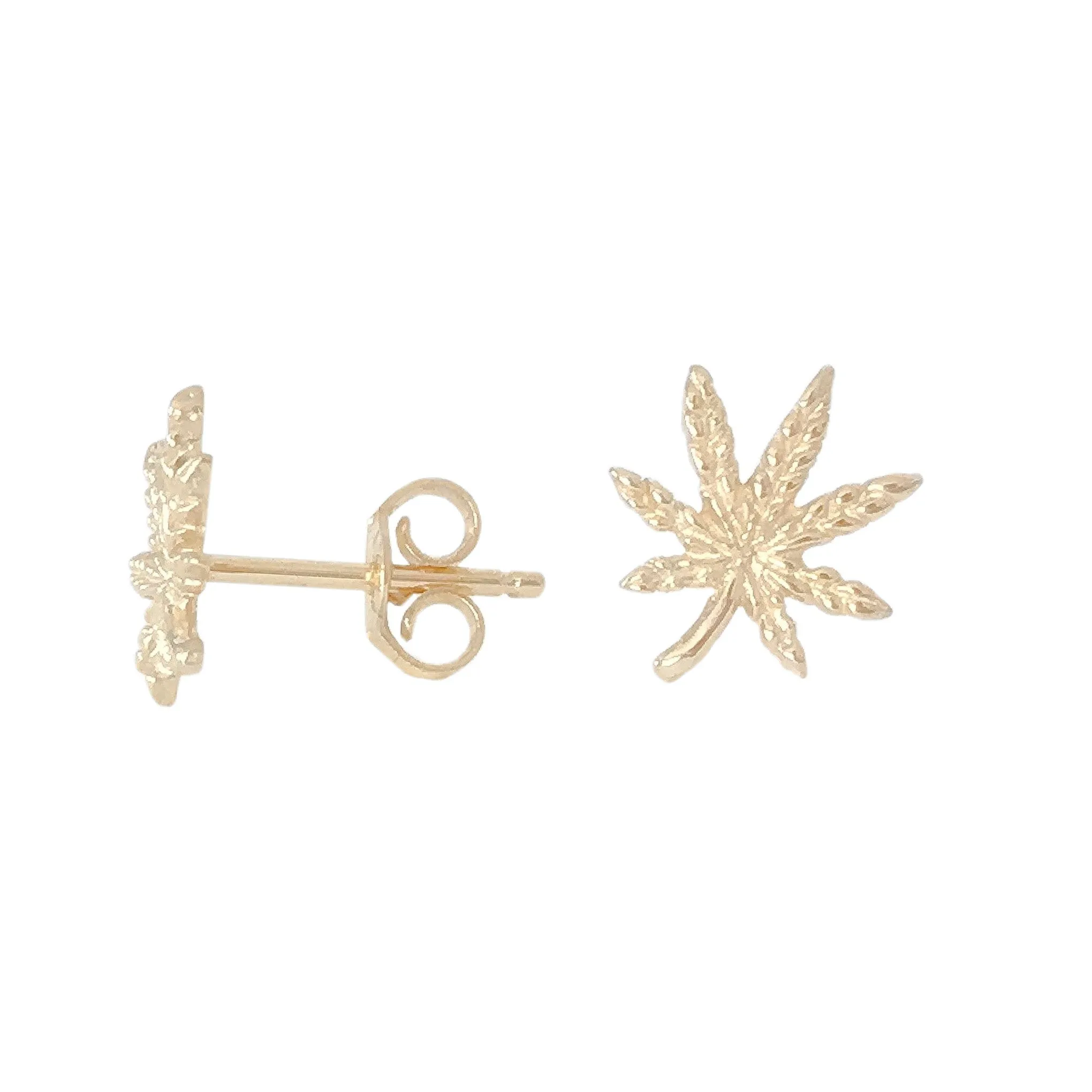 14K Gold Marijuana Leaf Stud Earrings, Medium Size