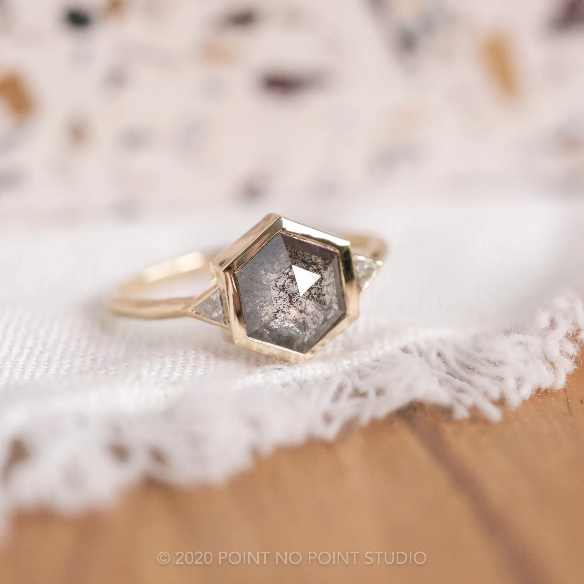 1.58 Carat Black Speckled Hexagon Diamond Engagement Ring, Bezel Zoe Setting, 14K Yellow Gold