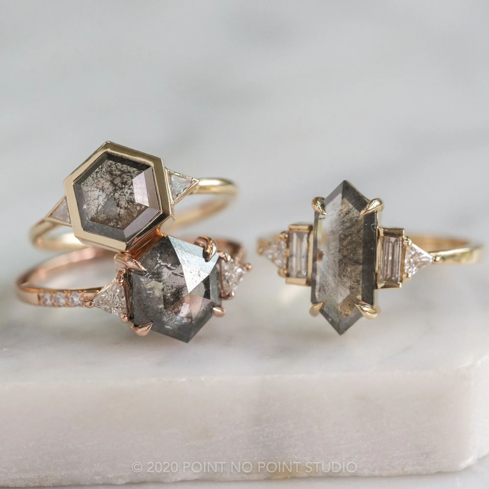 1.58 Carat Black Speckled Hexagon Diamond Engagement Ring, Bezel Zoe Setting, 14K Yellow Gold