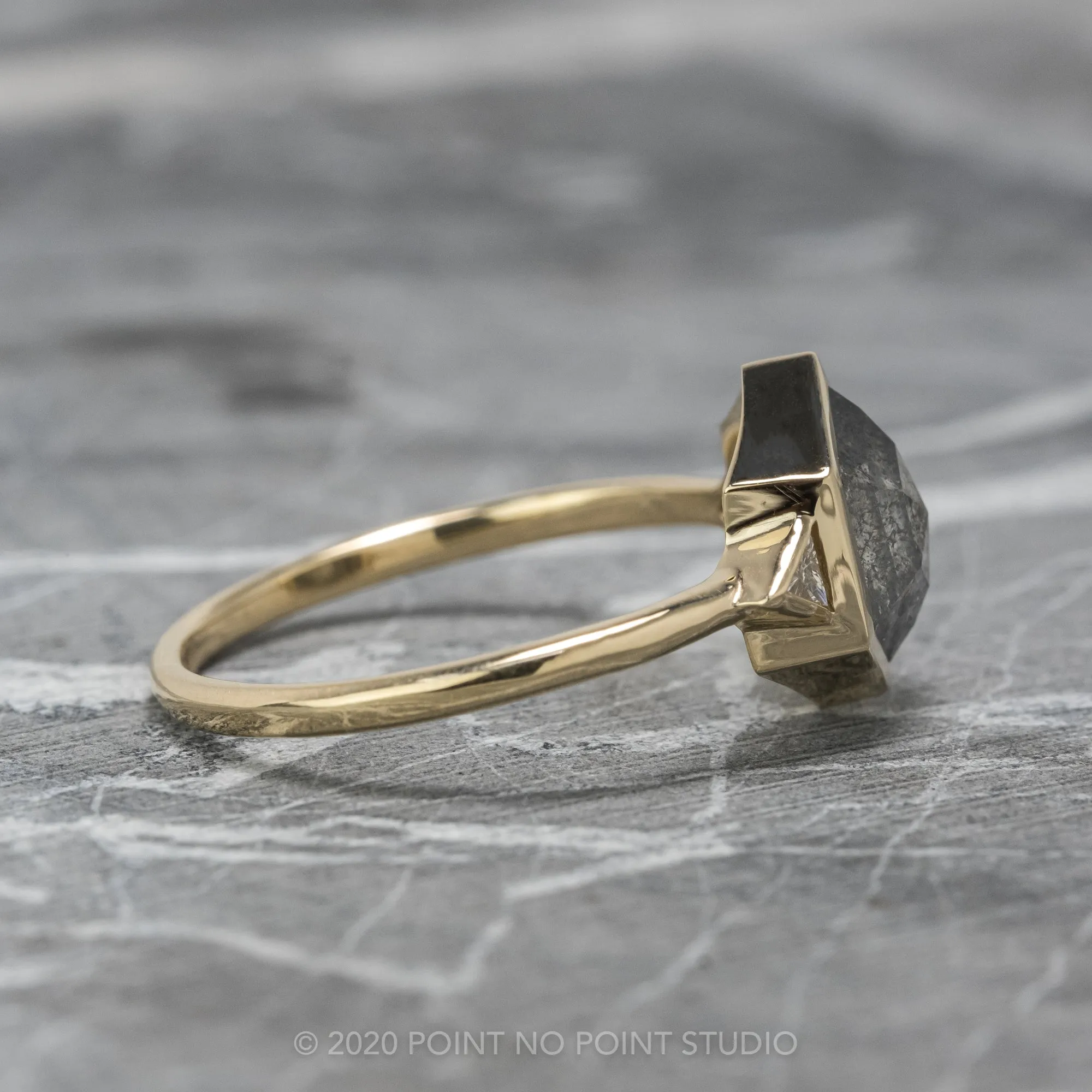 1.58 Carat Black Speckled Hexagon Diamond Engagement Ring, Bezel Zoe Setting, 14K Yellow Gold