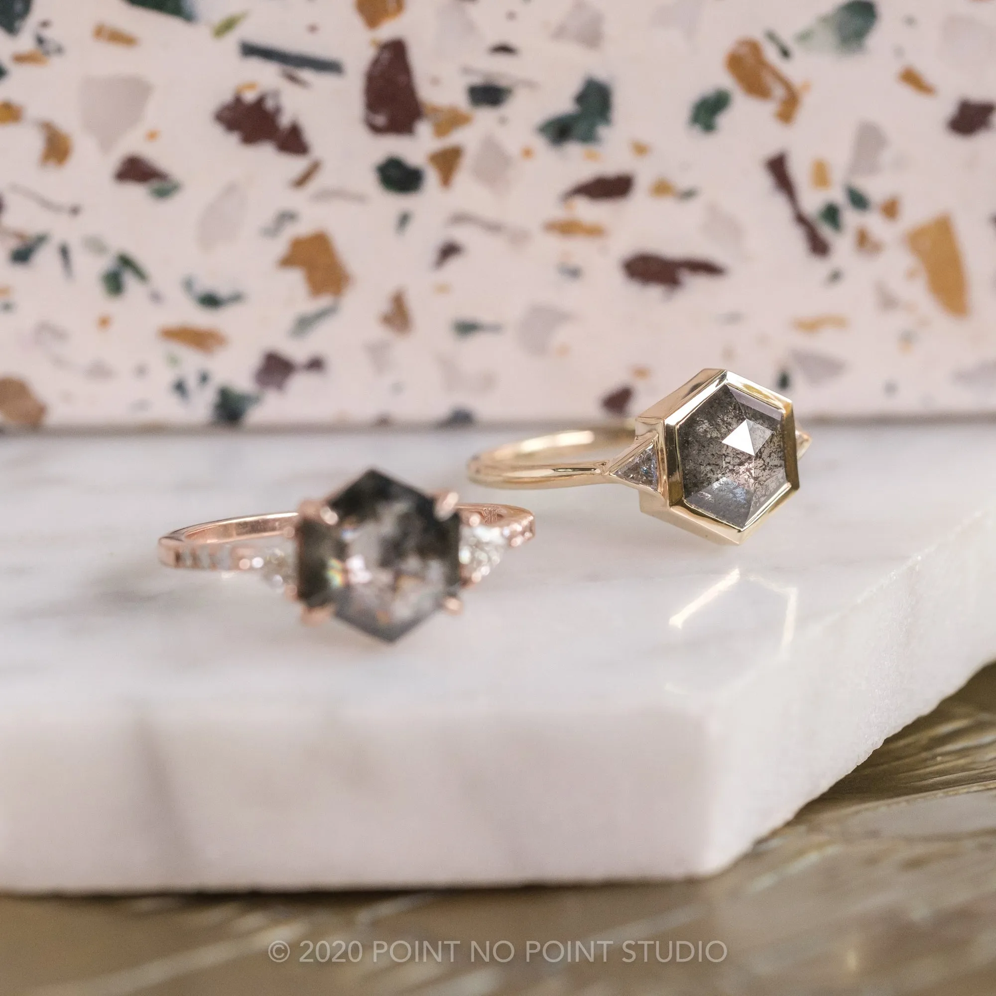 1.58 Carat Black Speckled Hexagon Diamond Engagement Ring, Bezel Zoe Setting, 14K Yellow Gold