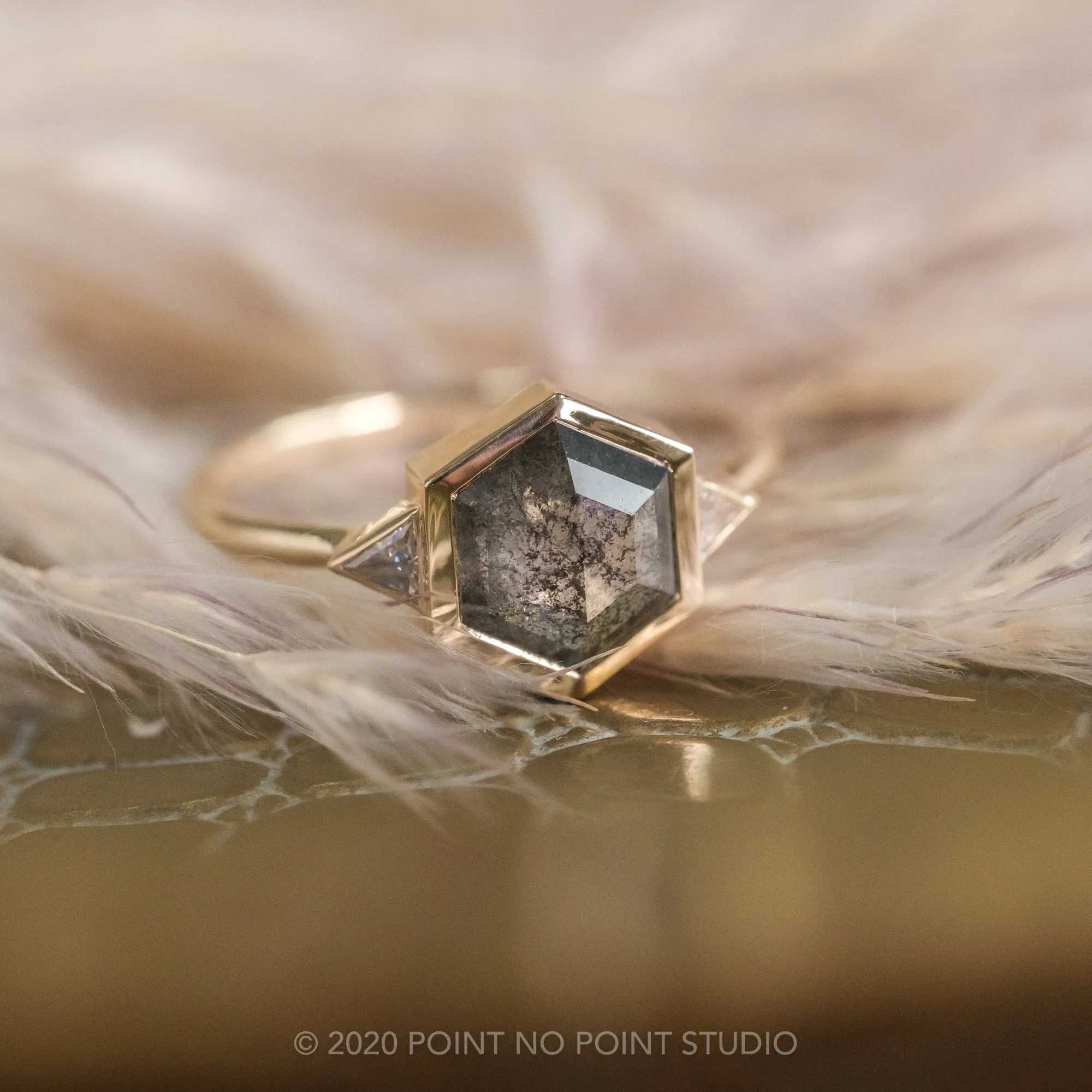 1.58 Carat Black Speckled Hexagon Diamond Engagement Ring, Bezel Zoe Setting, 14K Yellow Gold