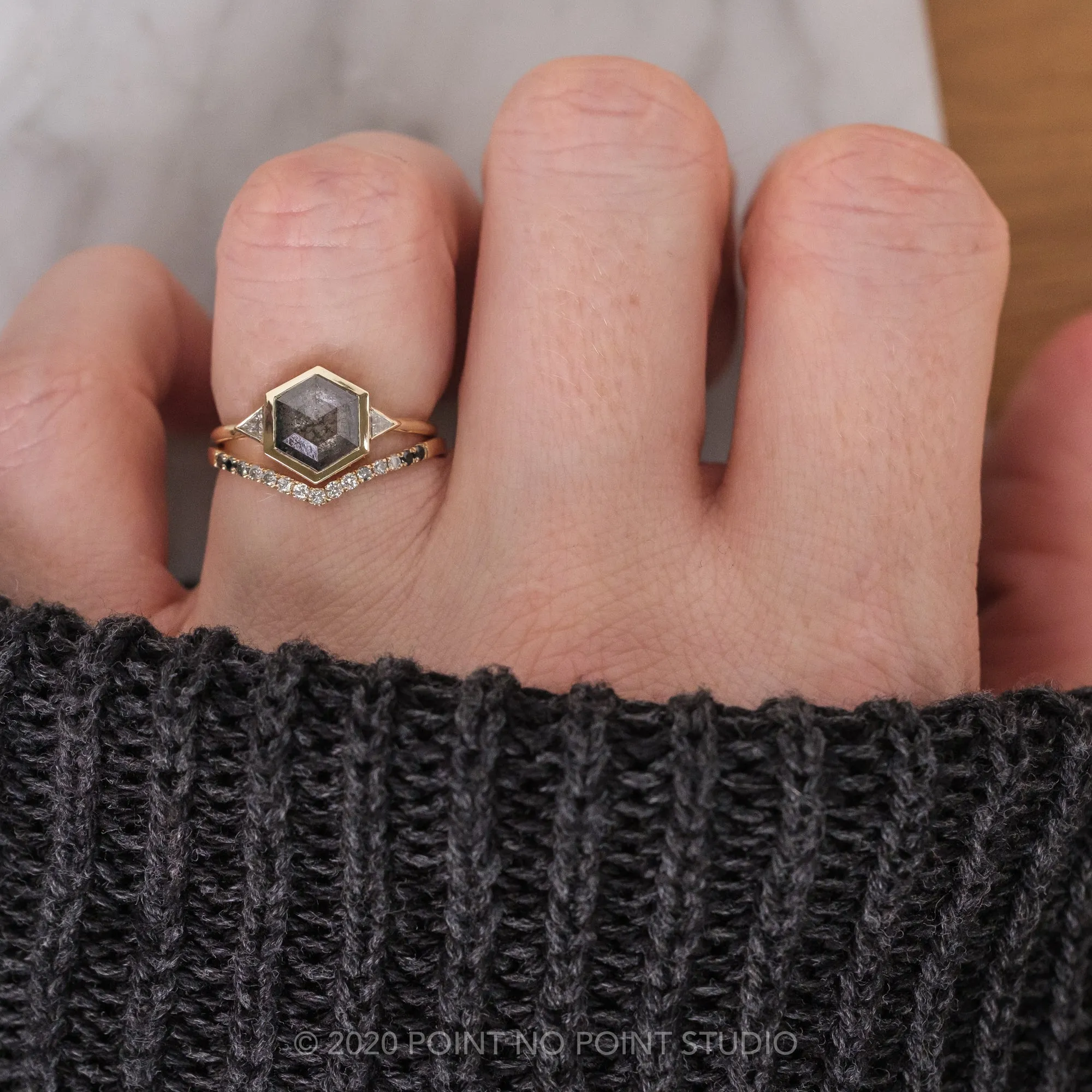 1.58 Carat Black Speckled Hexagon Diamond Engagement Ring, Bezel Zoe Setting, 14K Yellow Gold