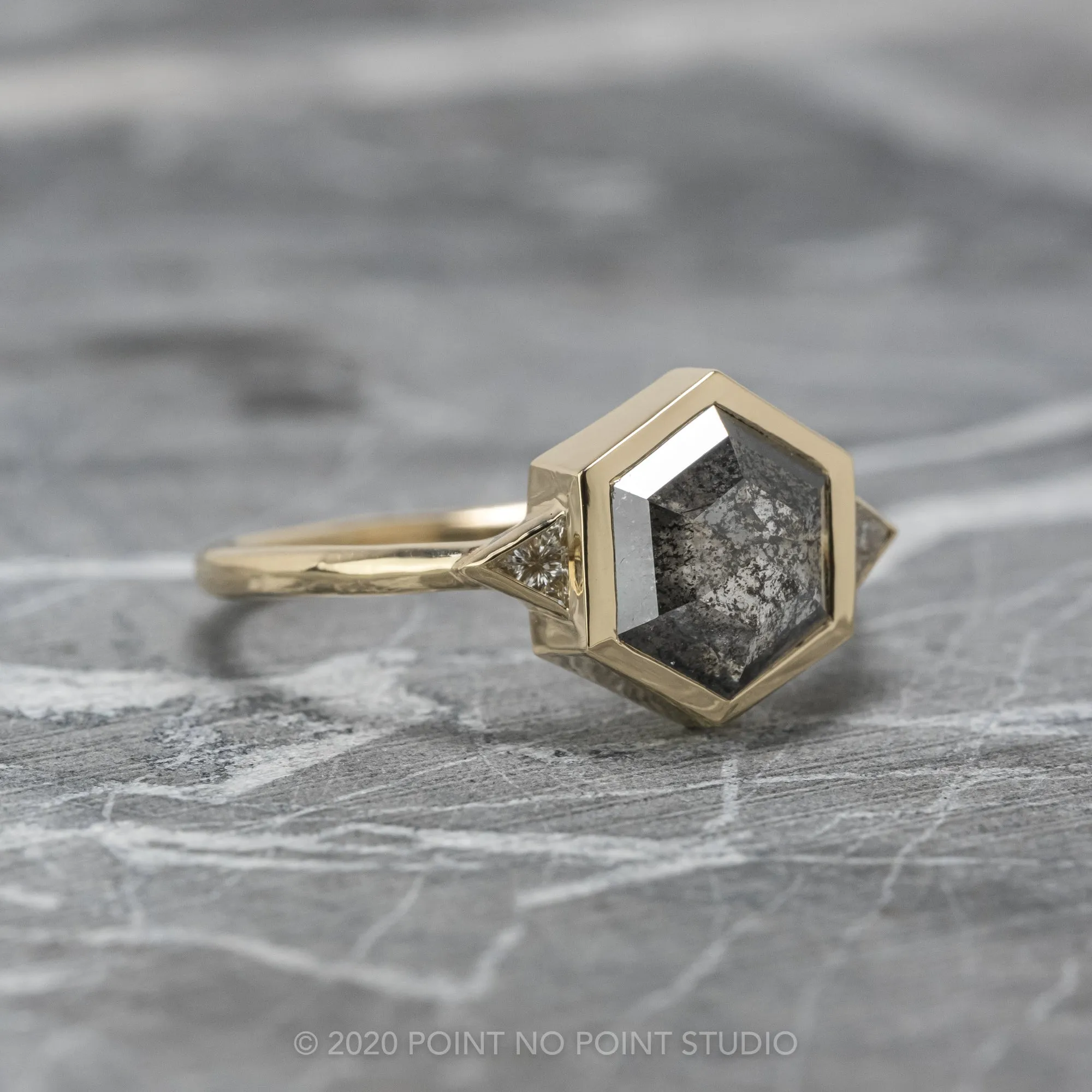 1.58 Carat Black Speckled Hexagon Diamond Engagement Ring, Bezel Zoe Setting, 14K Yellow Gold