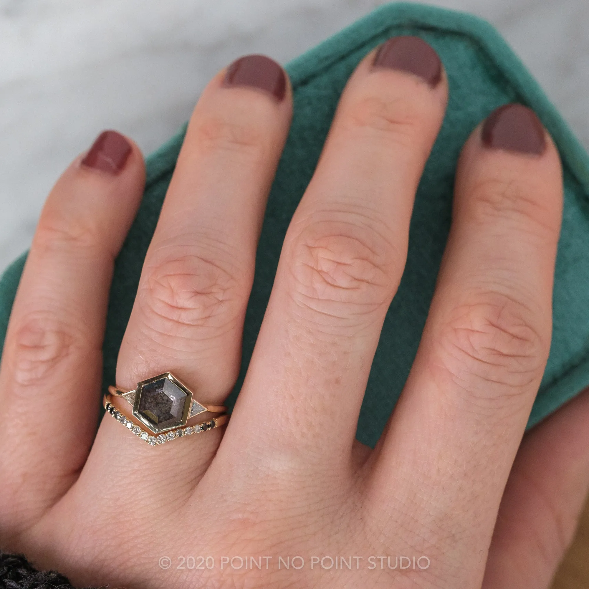 1.58 Carat Black Speckled Hexagon Diamond Engagement Ring, Bezel Zoe Setting, 14K Yellow Gold