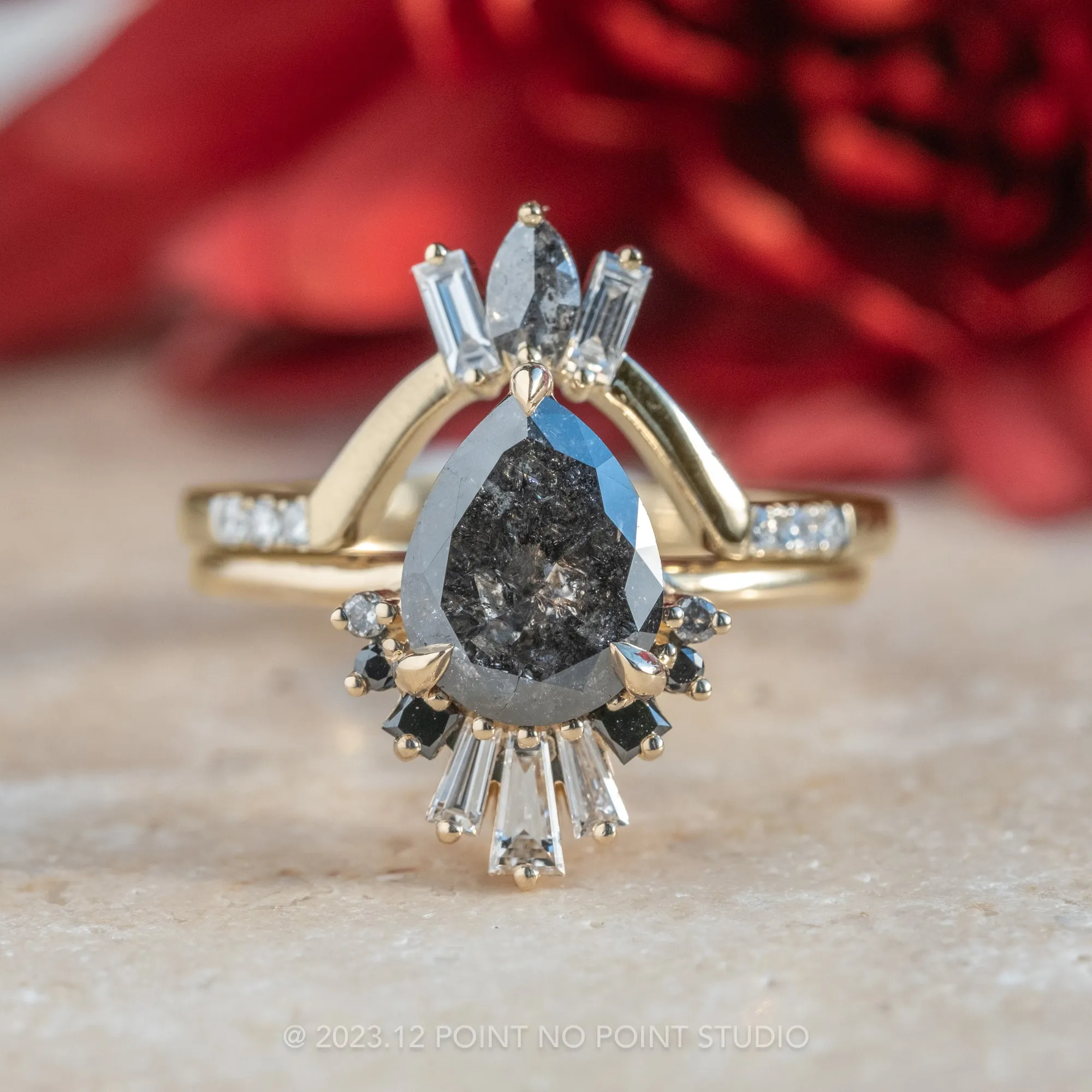 1.58 Carat Black Speckled Pear Diamond Engagement Ring, Ombre Wren Setting, 14K Yellow Gold