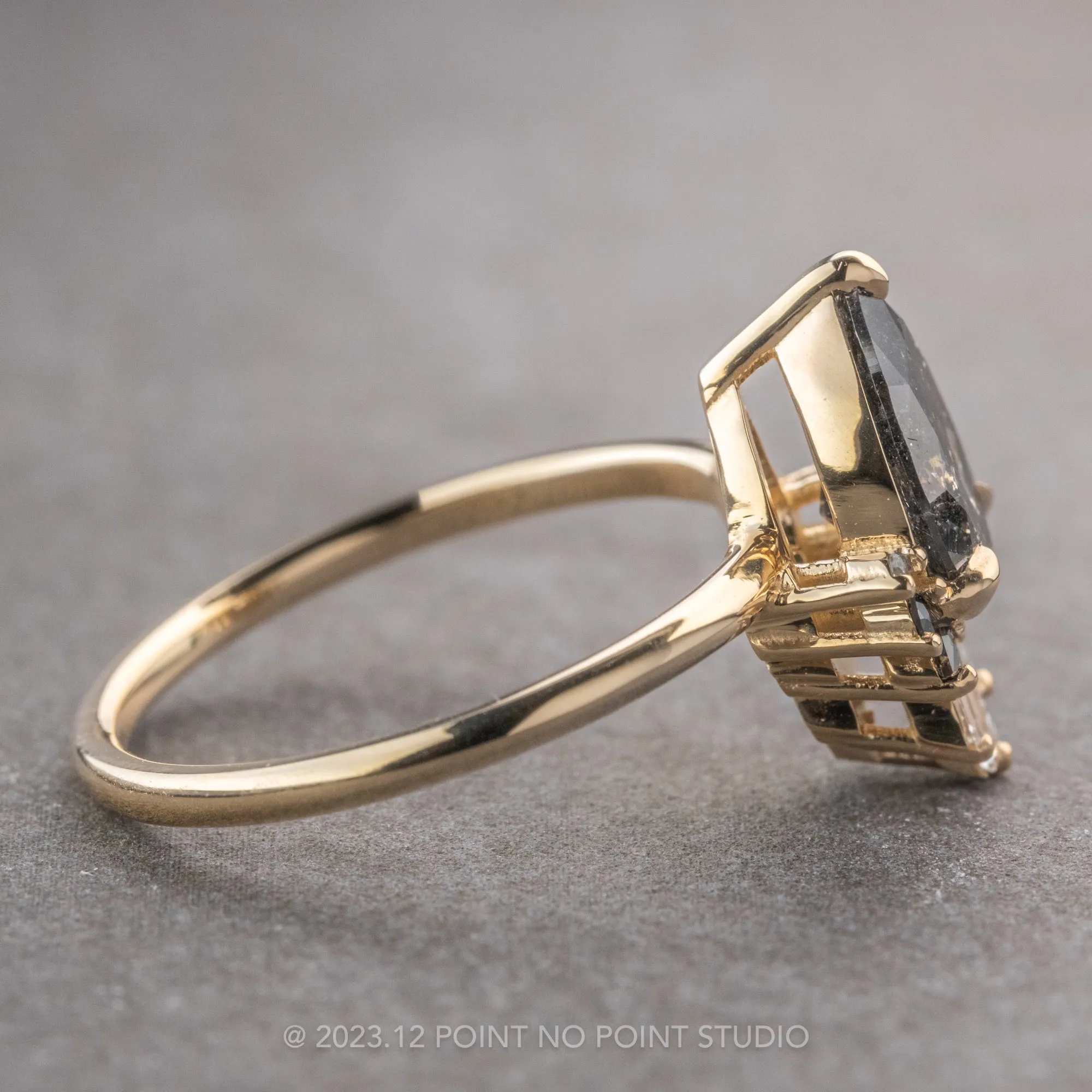 1.58 Carat Black Speckled Pear Diamond Engagement Ring, Ombre Wren Setting, 14K Yellow Gold