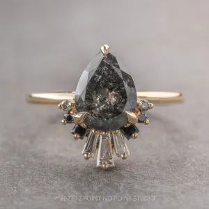 1.58 Carat Black Speckled Pear Diamond Engagement Ring, Ombre Wren Setting, 14K Yellow Gold