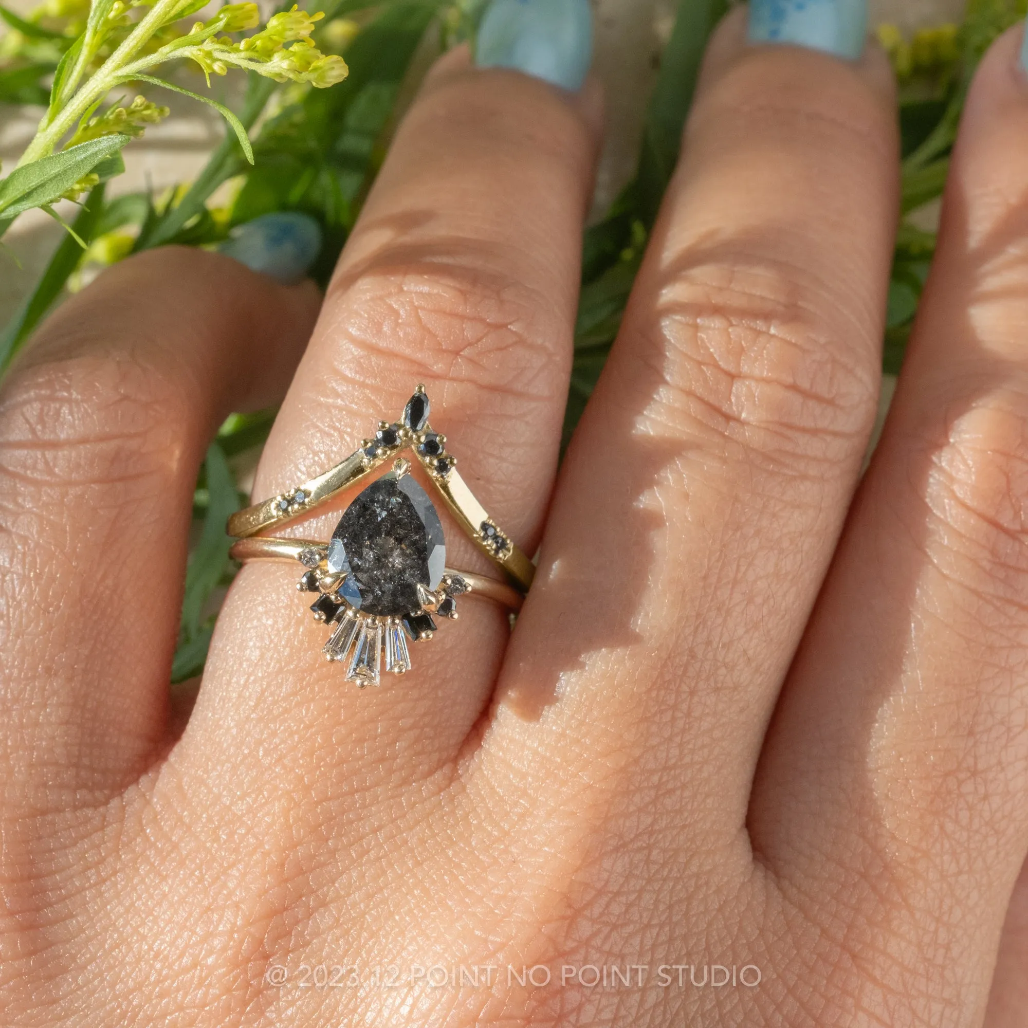 1.58 Carat Black Speckled Pear Diamond Engagement Ring, Ombre Wren Setting, 14K Yellow Gold