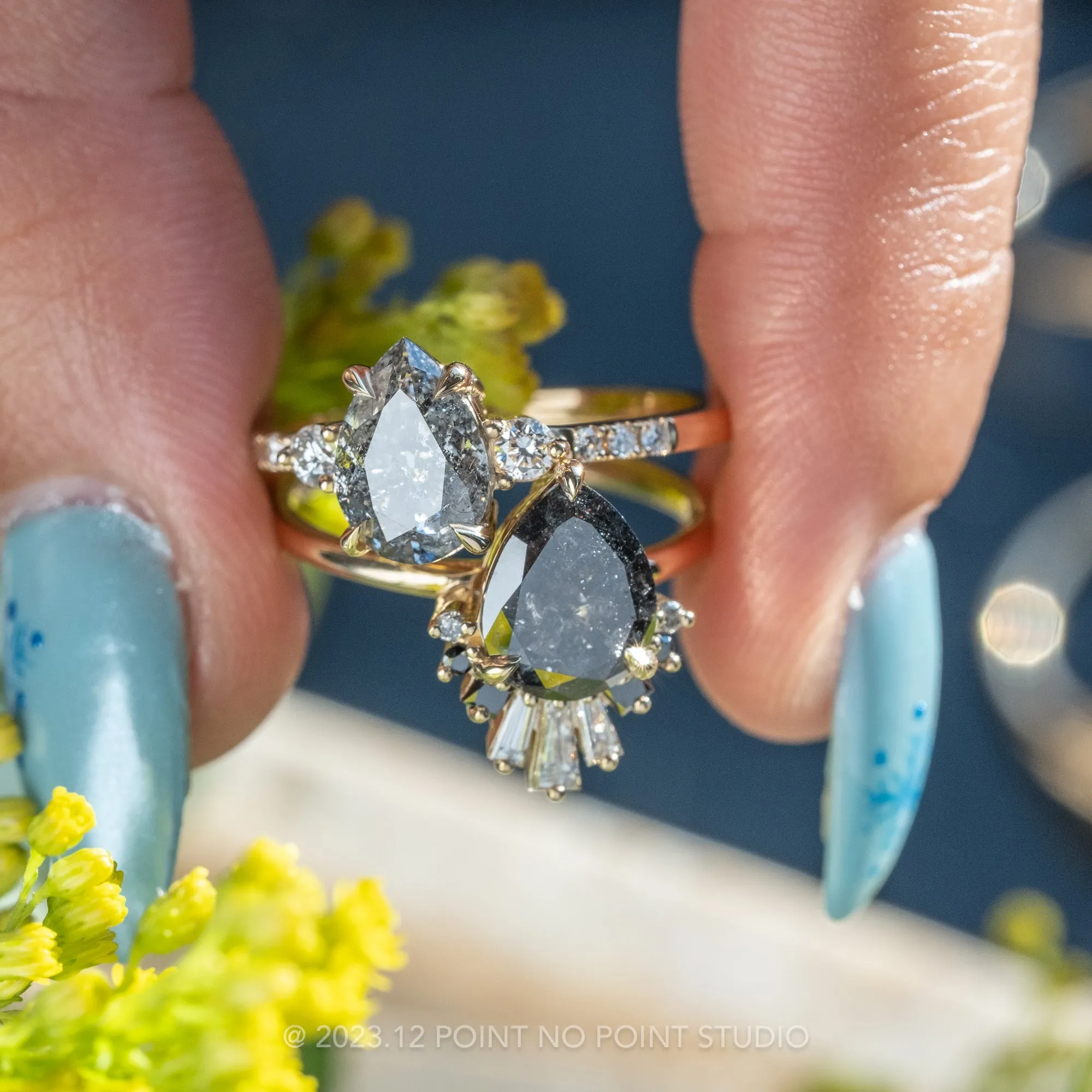 1.58 Carat Black Speckled Pear Diamond Engagement Ring, Ombre Wren Setting, 14K Yellow Gold
