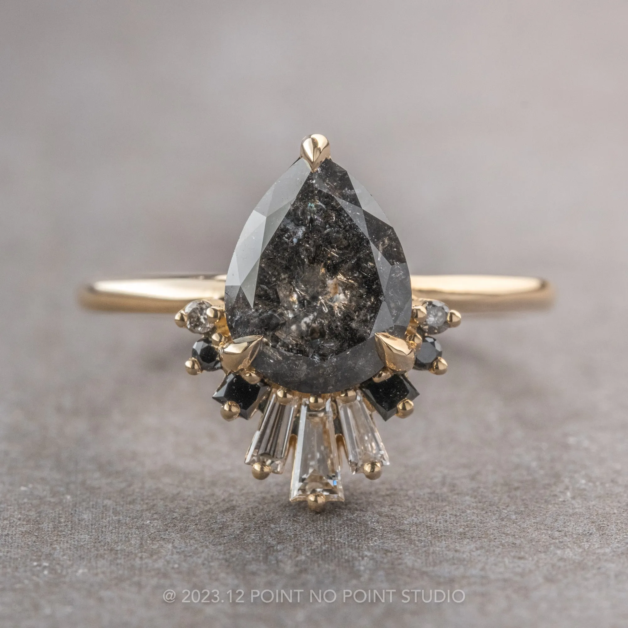 1.58 Carat Black Speckled Pear Diamond Engagement Ring, Ombre Wren Setting, 14K Yellow Gold