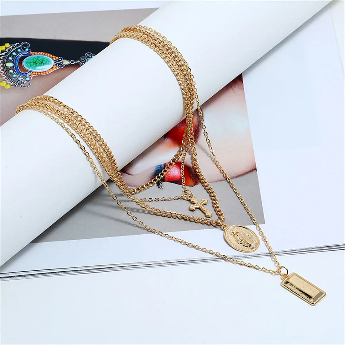 18K Gold-Plated Cross & Mary Layered Pendant Choker Necklace