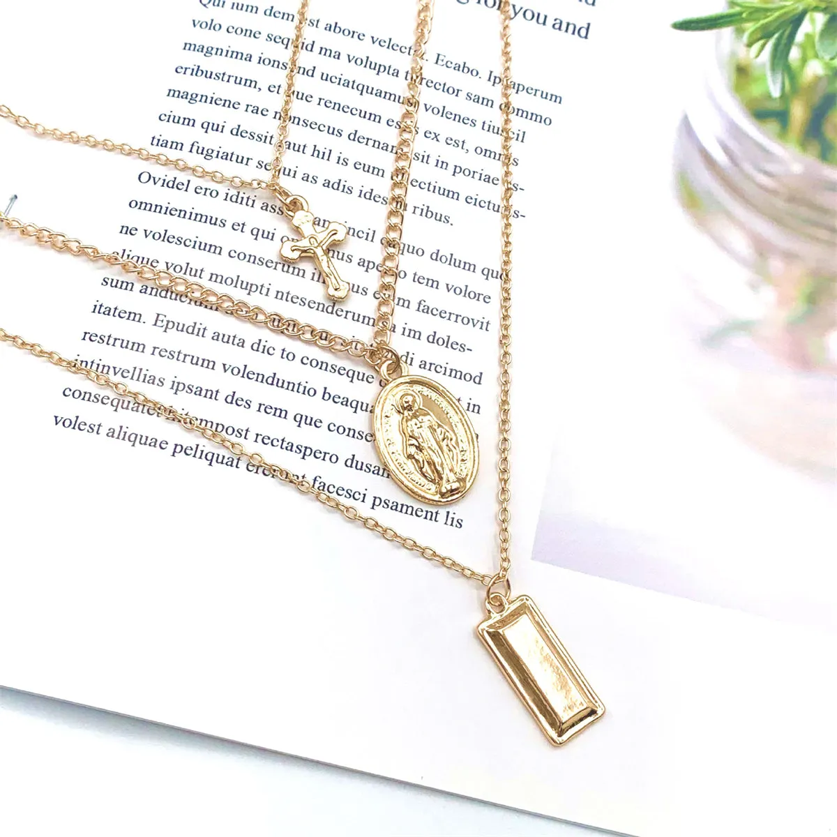 18K Gold-Plated Cross & Mary Layered Pendant Choker Necklace