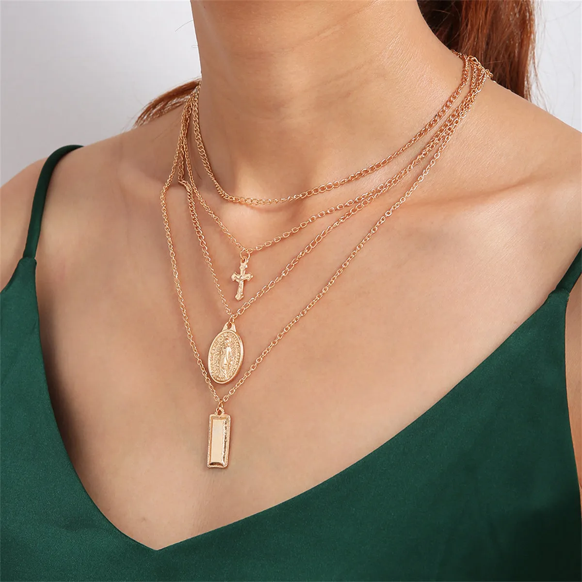 18K Gold-Plated Cross & Mary Layered Pendant Choker Necklace