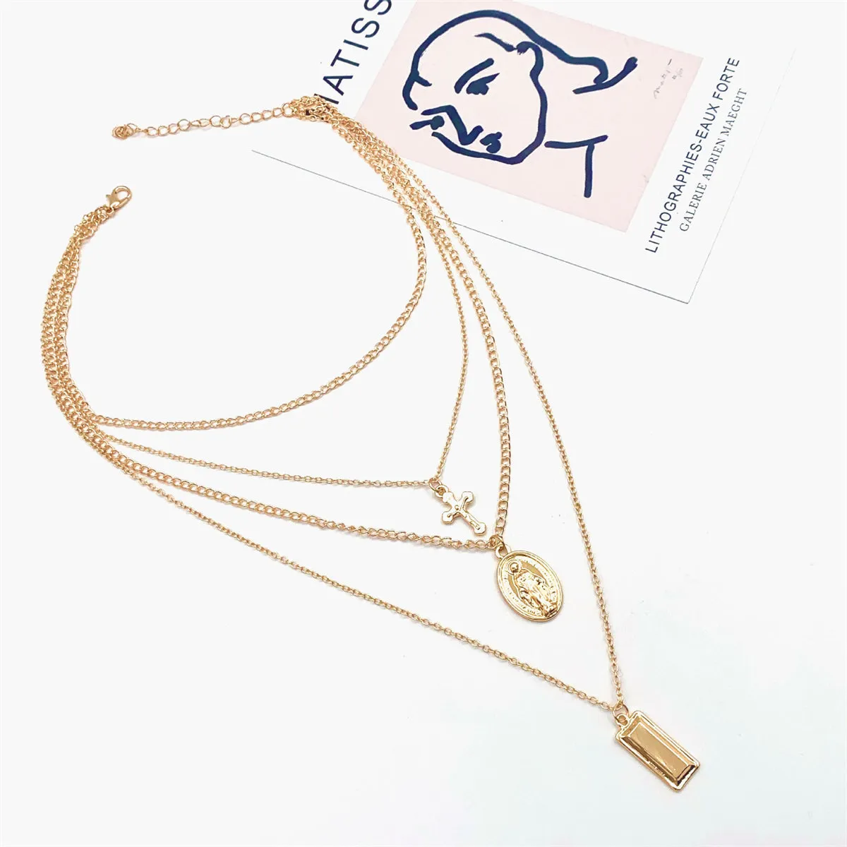 18K Gold-Plated Cross & Mary Layered Pendant Choker Necklace