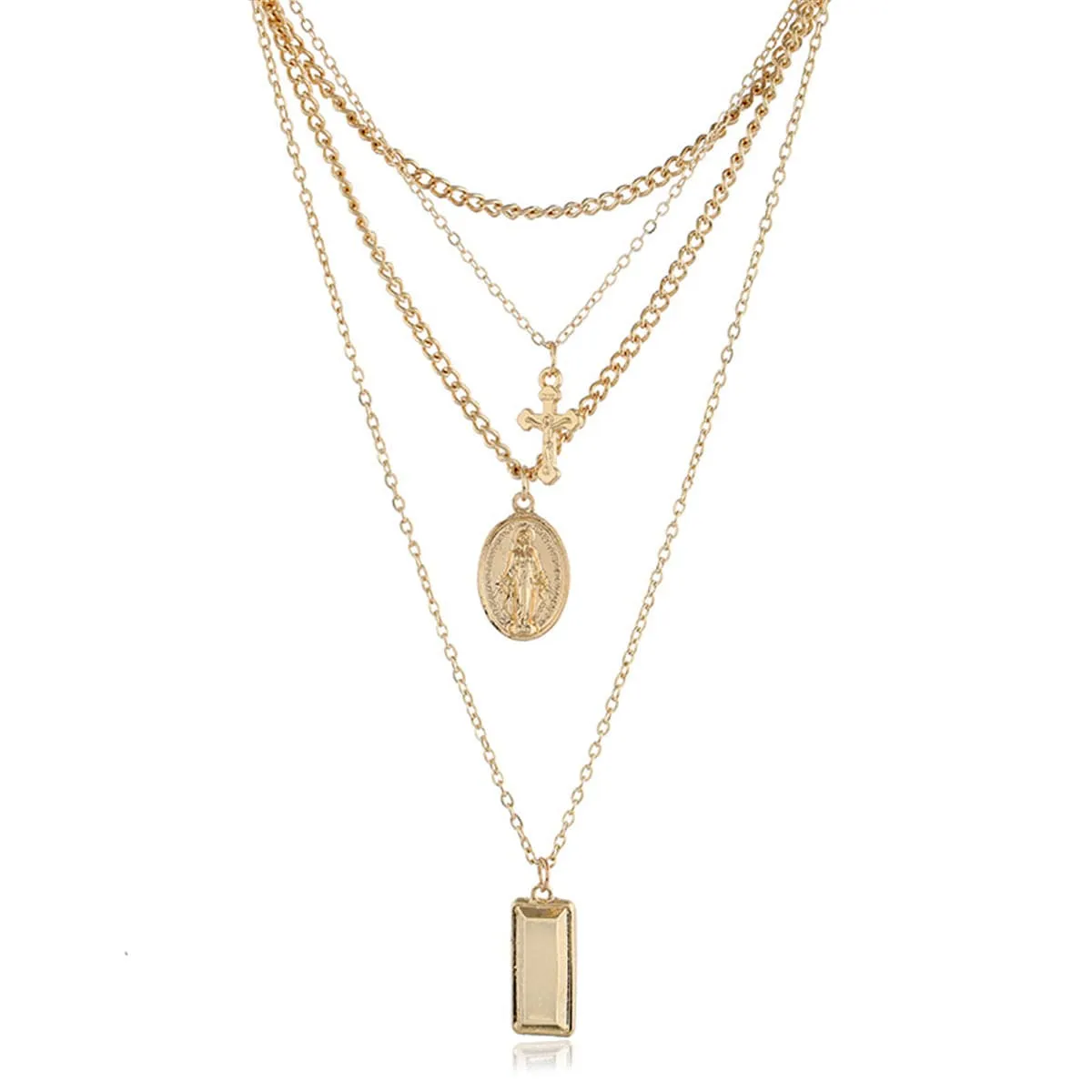 18K Gold-Plated Cross & Mary Layered Pendant Choker Necklace