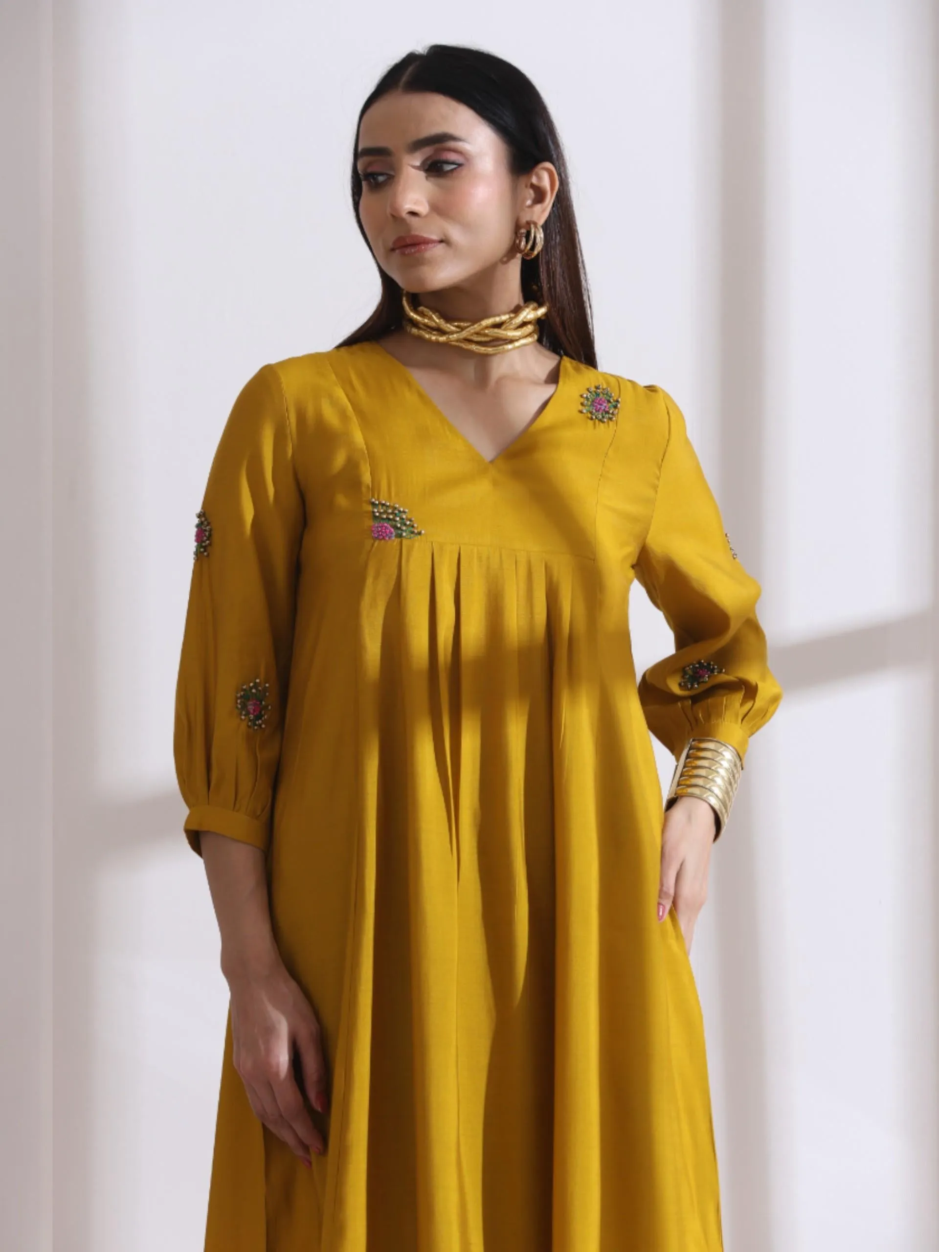 2 Pc Set - Airskin Mustard Hand Beaded Flower Kurta With Pants