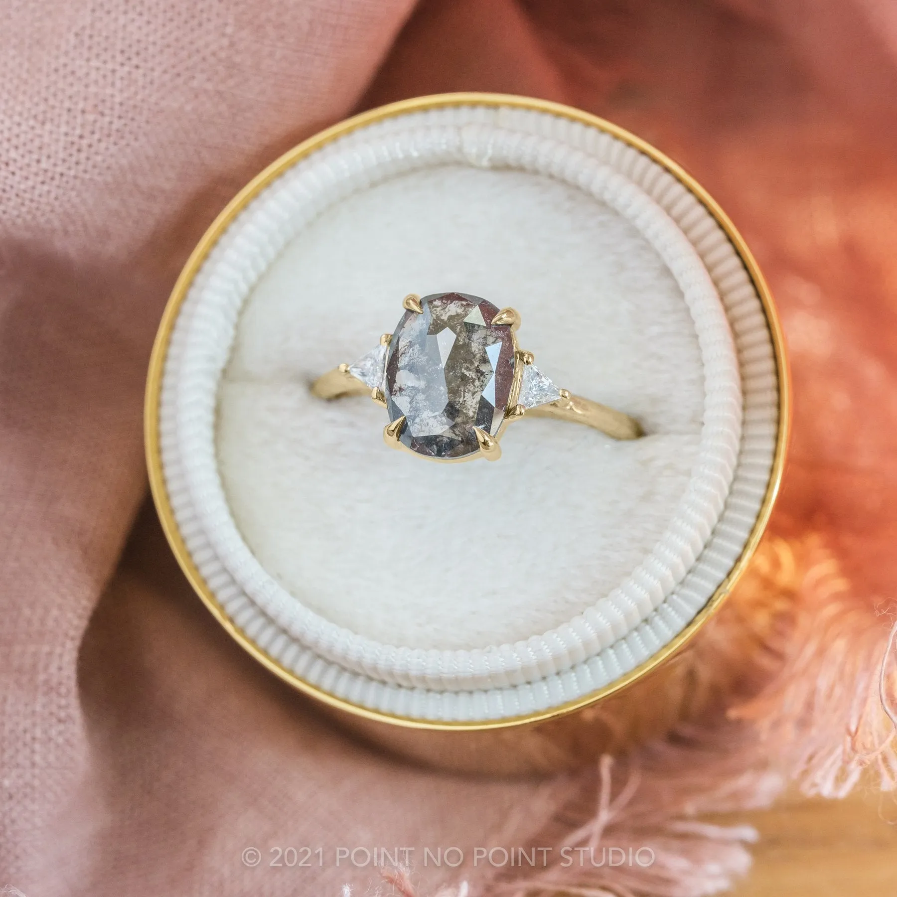 2.80 Carat Black Speckled Oval Diamond Engagement Ring, Zoe Setting, 14K Yellow Gold