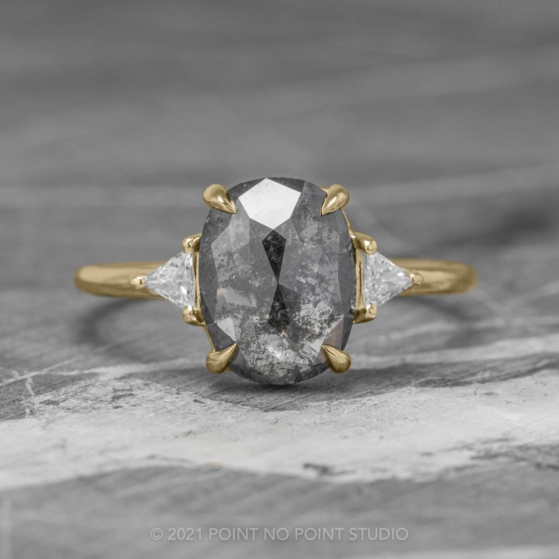 2.80 Carat Black Speckled Oval Diamond Engagement Ring, Zoe Setting, 14K Yellow Gold