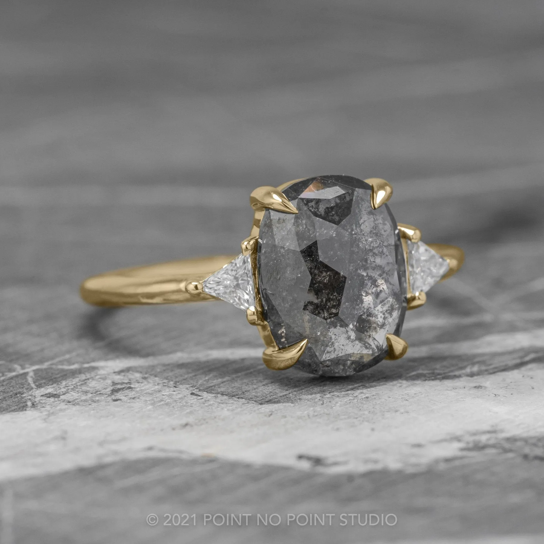 2.80 Carat Black Speckled Oval Diamond Engagement Ring, Zoe Setting, 14K Yellow Gold