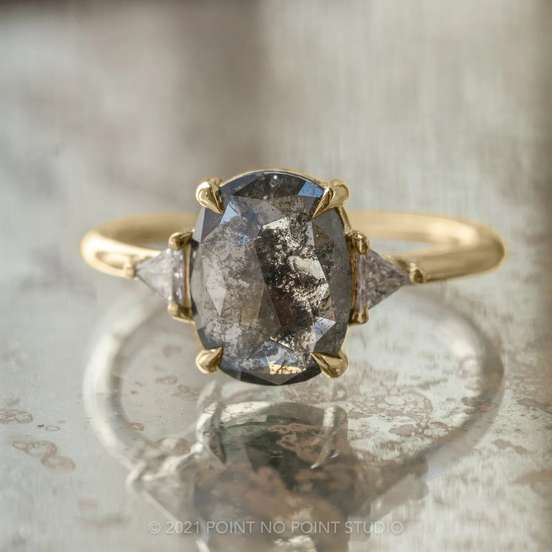 2.80 Carat Black Speckled Oval Diamond Engagement Ring, Zoe Setting, 14K Yellow Gold