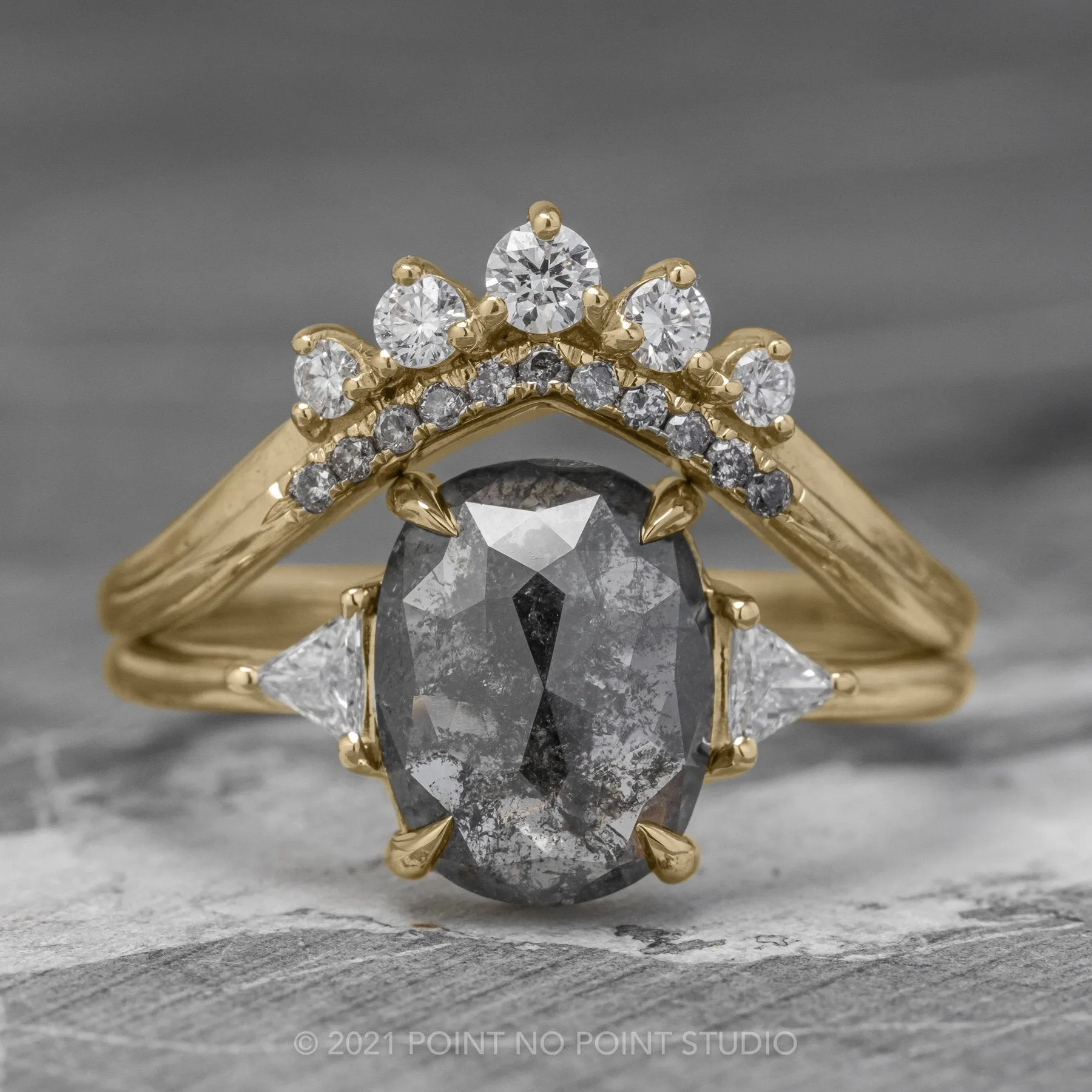 2.80 Carat Black Speckled Oval Diamond Engagement Ring, Zoe Setting, 14K Yellow Gold