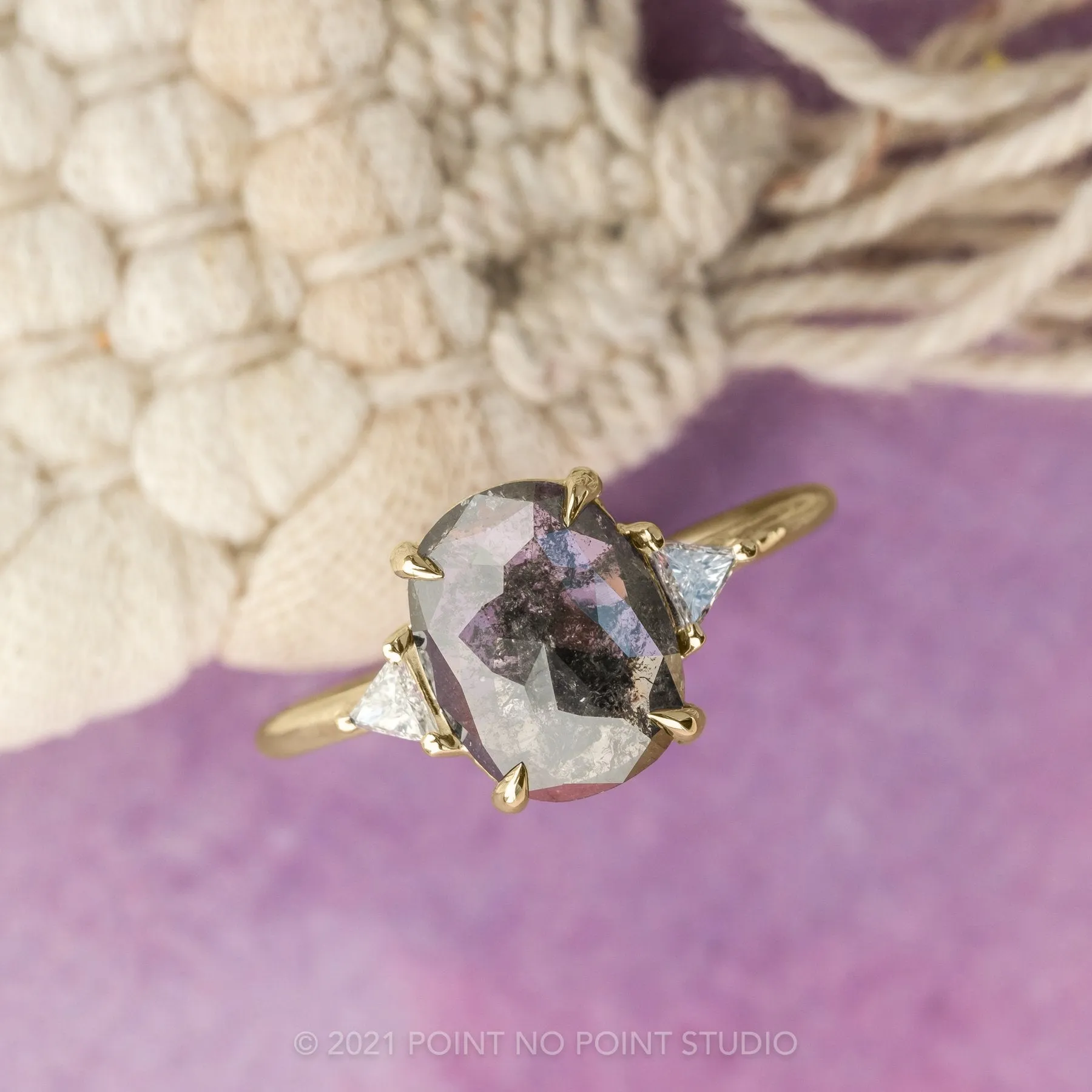 2.80 Carat Black Speckled Oval Diamond Engagement Ring, Zoe Setting, 14K Yellow Gold