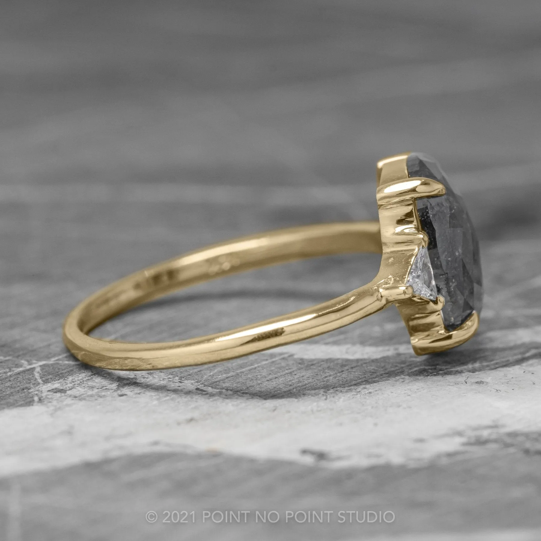 2.80 Carat Black Speckled Oval Diamond Engagement Ring, Zoe Setting, 14K Yellow Gold