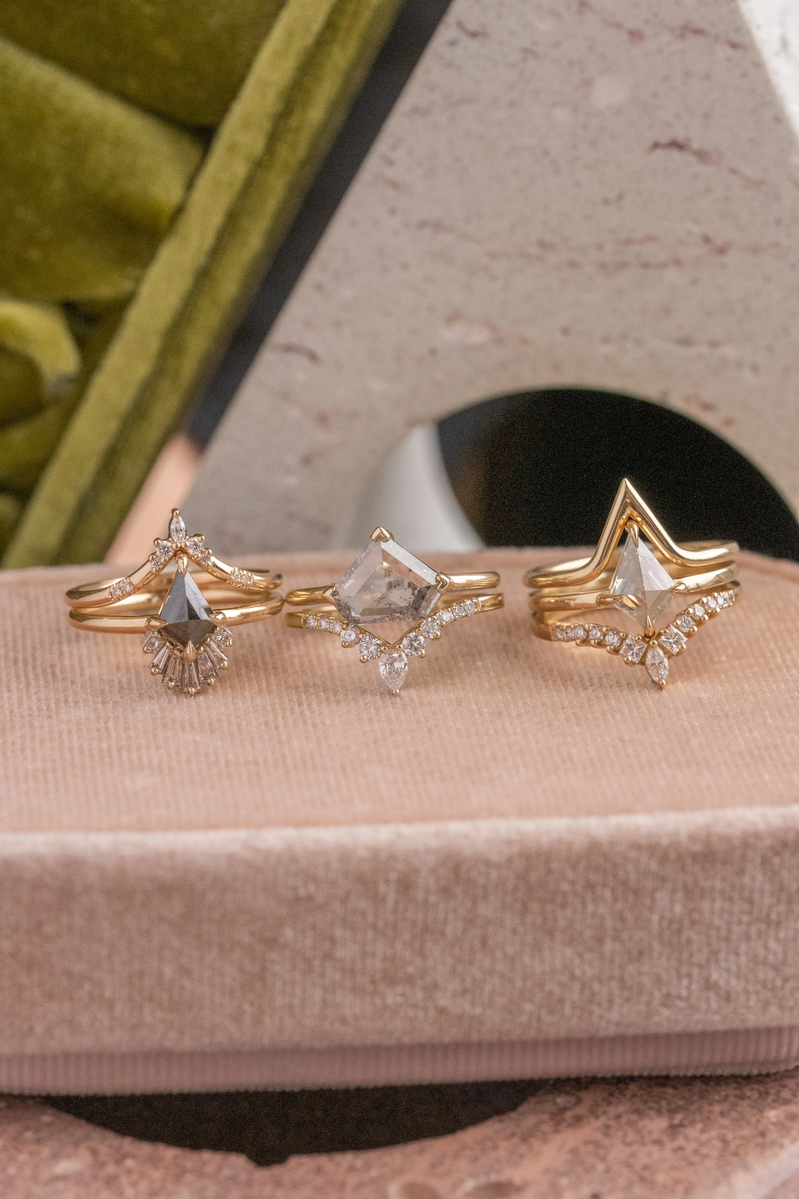 .88 Carat Black Speckled Kite Diamond Engagement Ring, Wren Setting, 14K Yellow Gold
