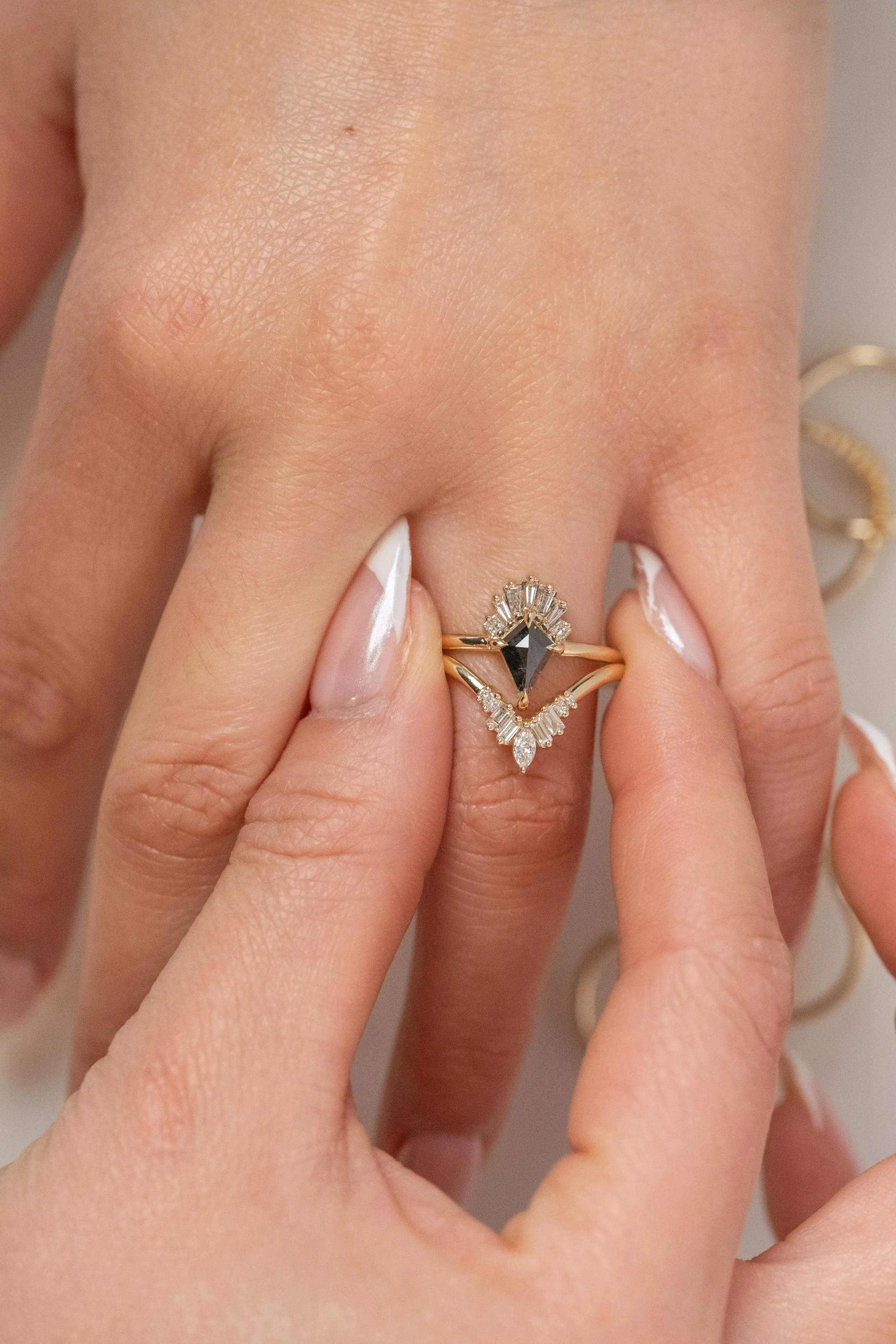.88 Carat Black Speckled Kite Diamond Engagement Ring, Wren Setting, 14K Yellow Gold