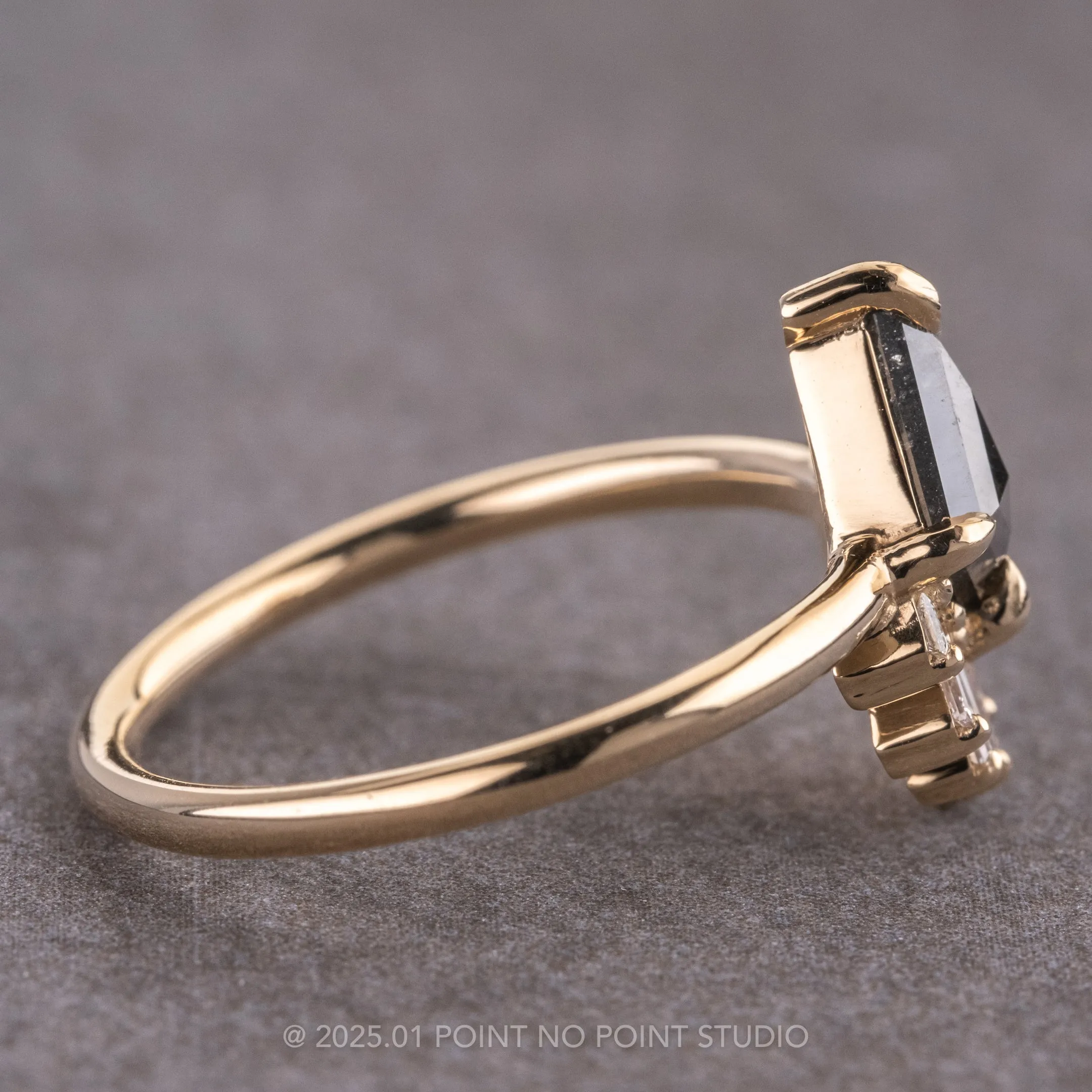.88 Carat Black Speckled Kite Diamond Engagement Ring, Wren Setting, 14K Yellow Gold
