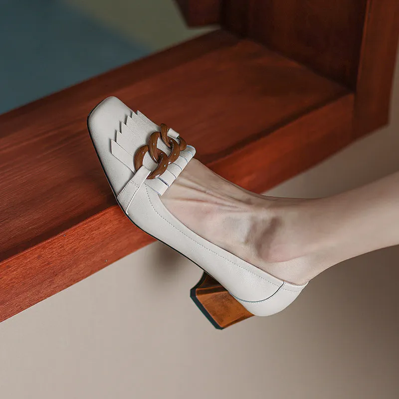 Abby White Square Toe Heels with Chain